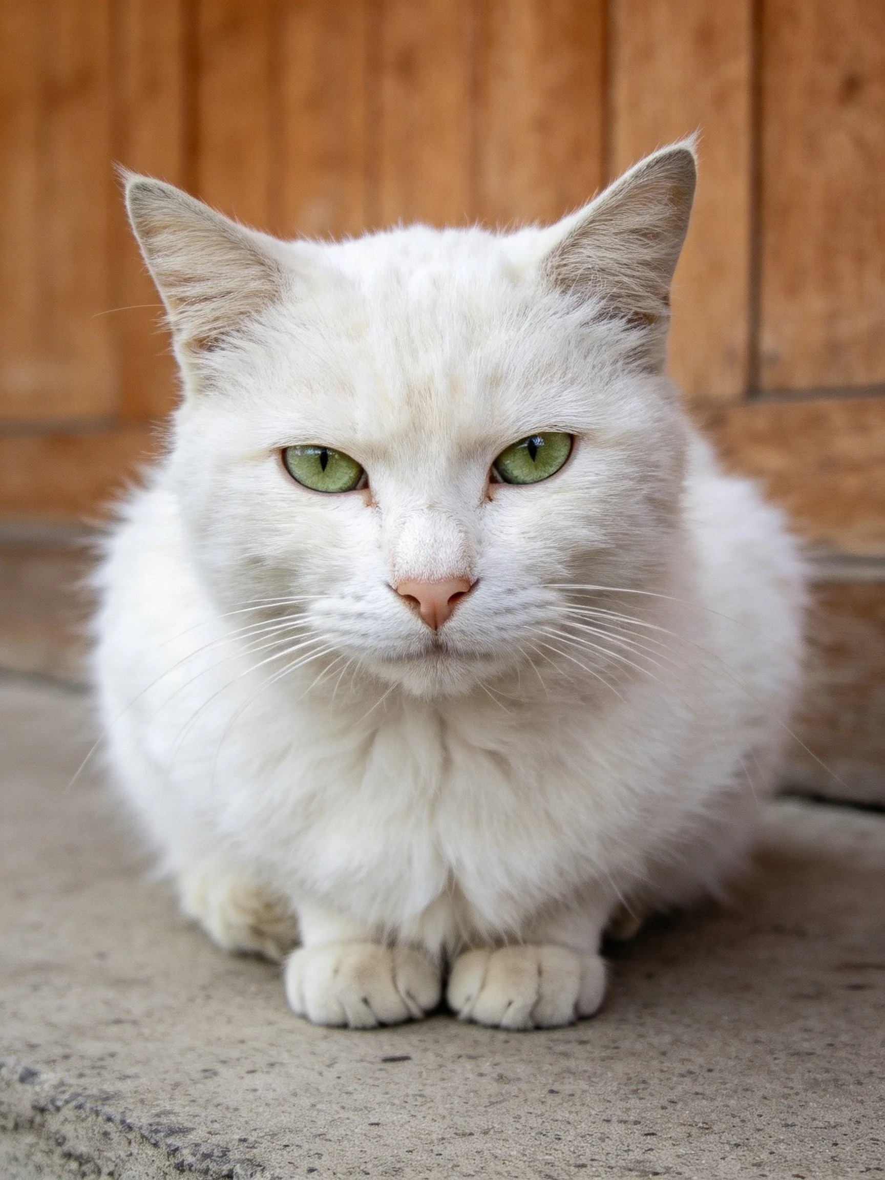 A fluffy white cat with green eyes rests calmly on concrete beside a wooden structure.
