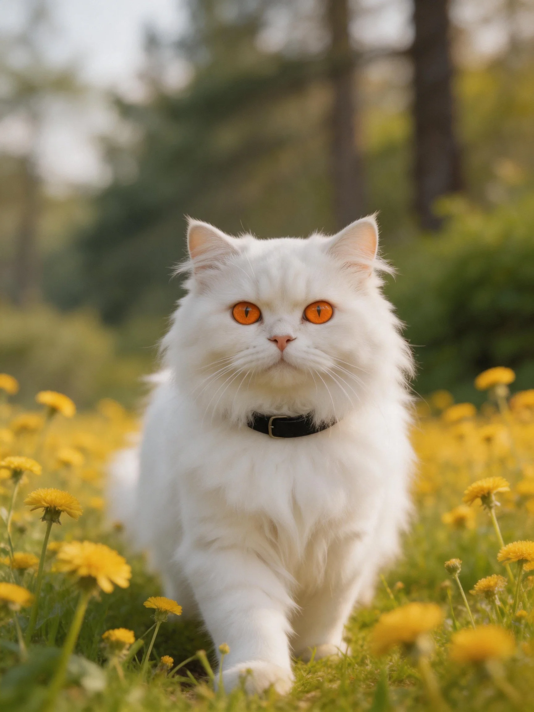 A fluffy white cat with orange eyes walks through a field of yellow flowers.