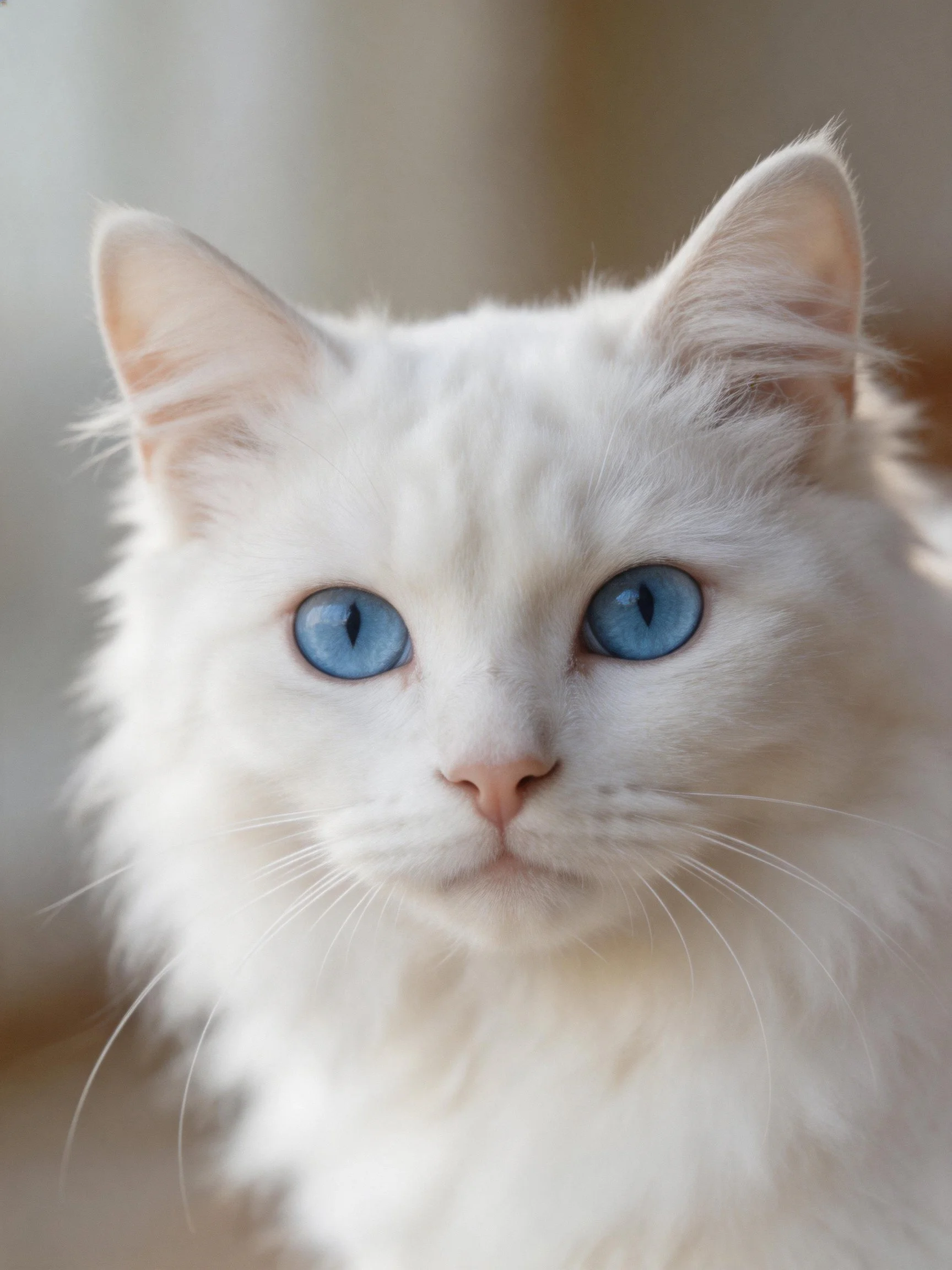 A fluffy white cat with bright blue eyes gazes serenely.