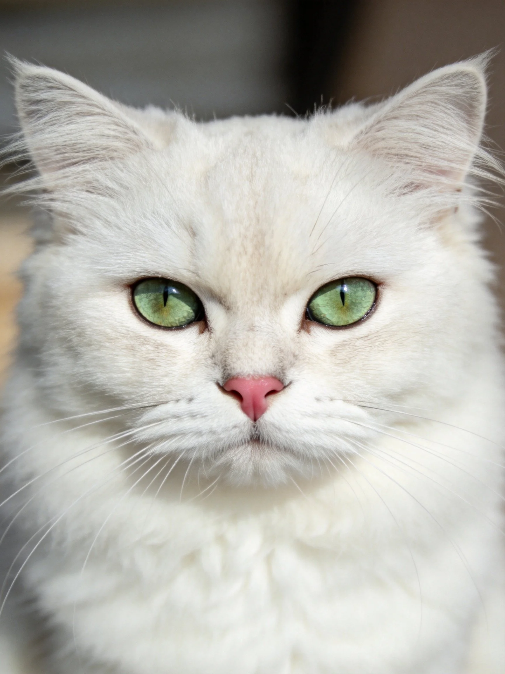 Fluffy white cat with striking green eyes and pink nose