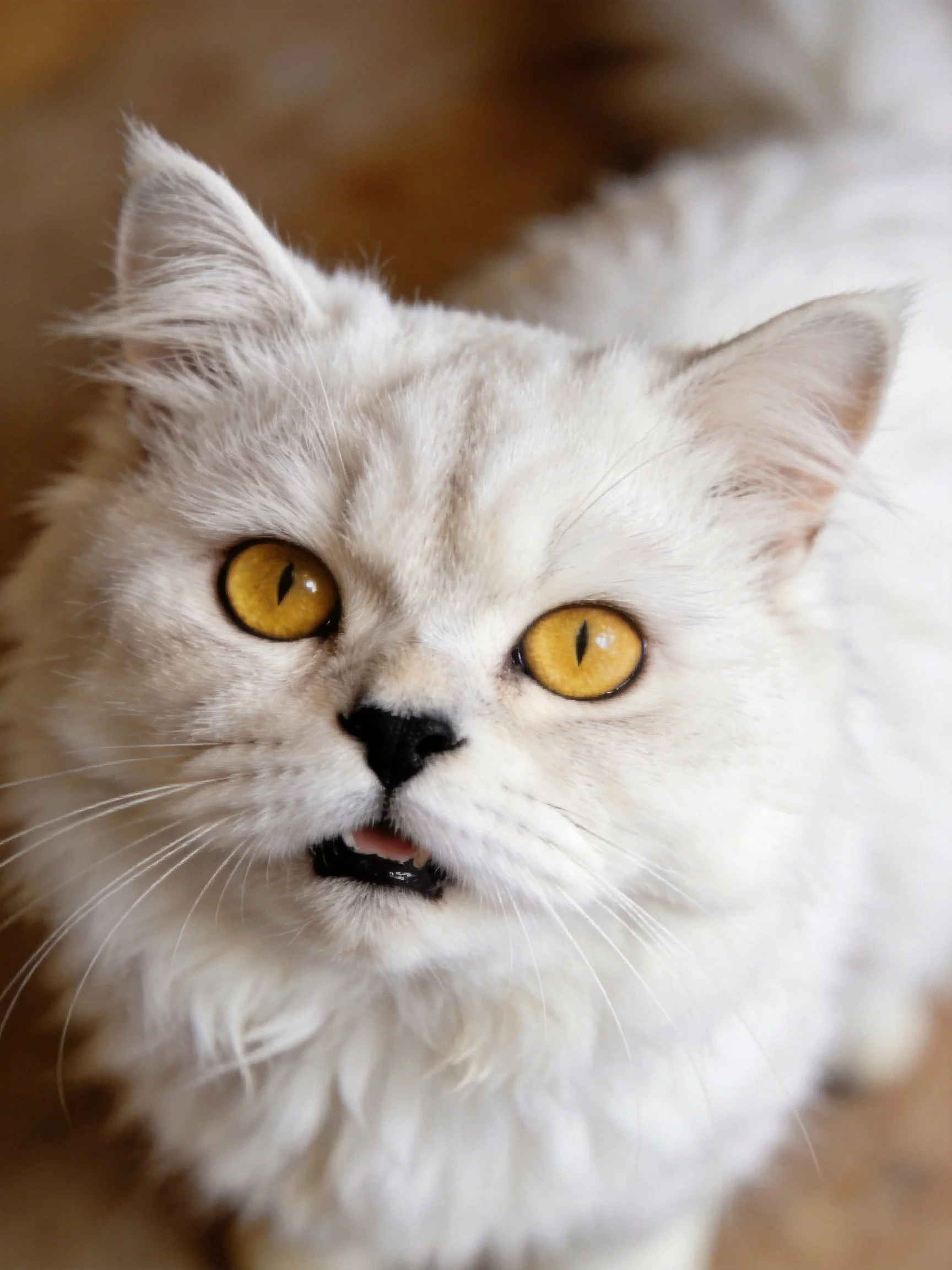 Fluffy white cat with striking yellow eyes and open mouth