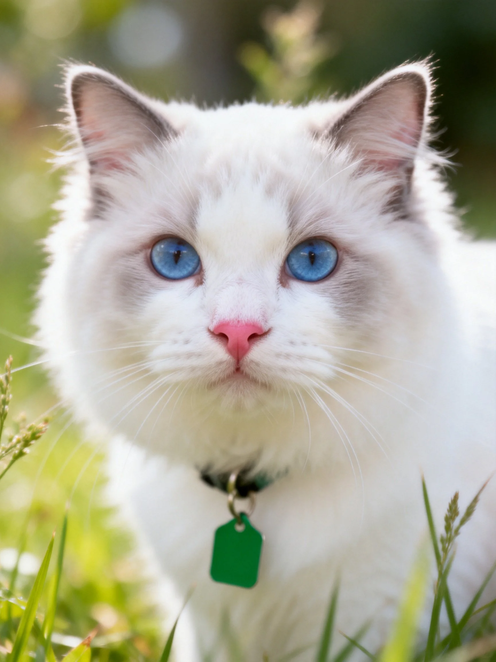 White cat with blue eyes in a grassy outdoor environment.