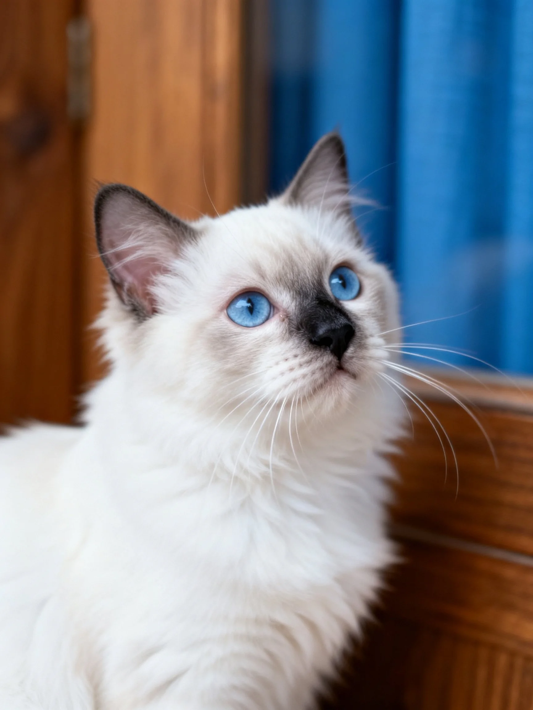 A fluffy white cat with bright blue eyes rests near wooden and blue surroundings.