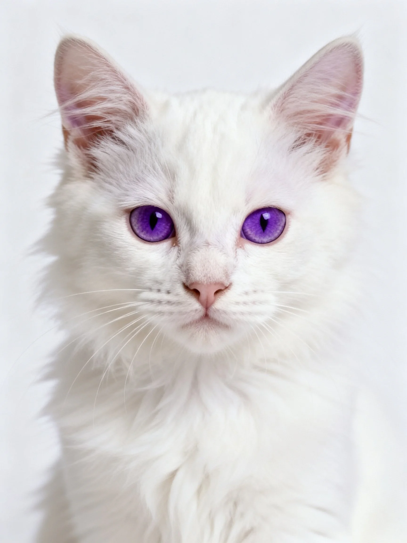 A fluffy white cat with vivid purple eyes looks directly ahead.