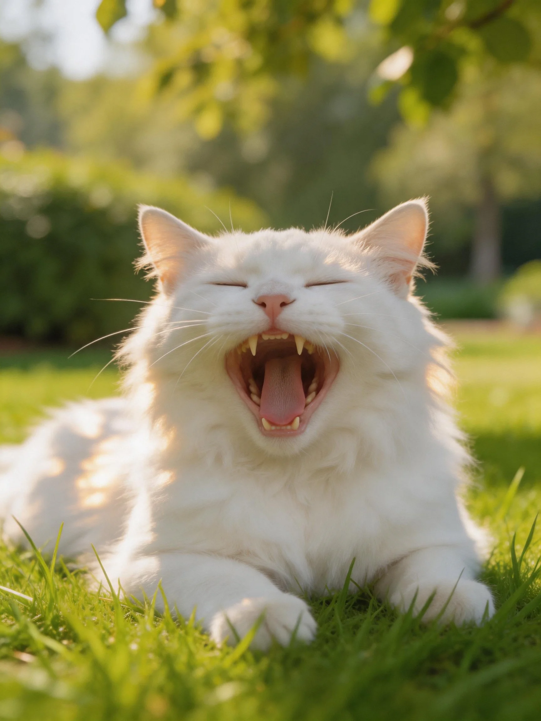 A fluffy white cat yawns contentedly on green grass in a sunlit outdoor setting.