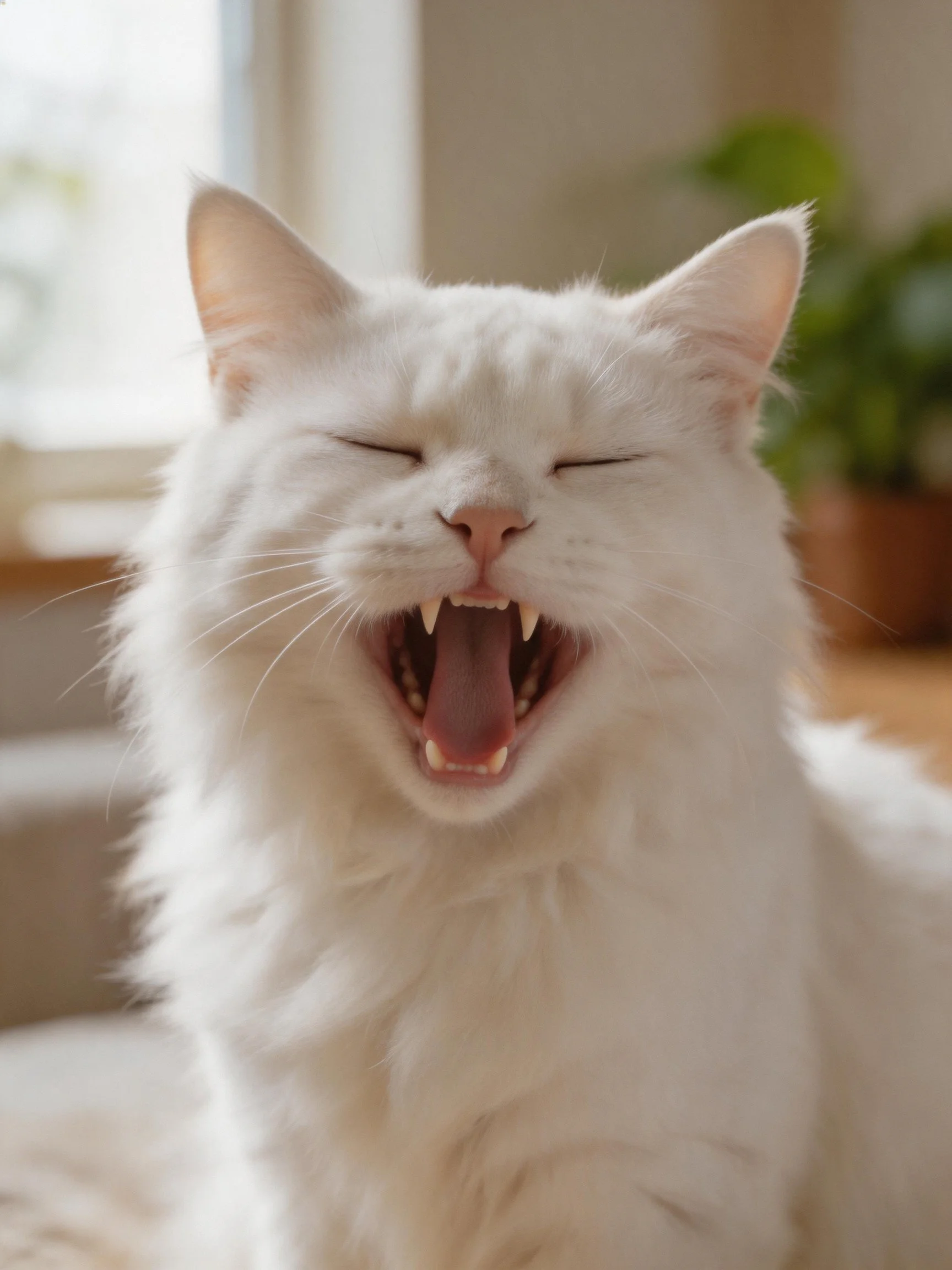 A fluffy white cat yawns with closed eyes in an indoor setting