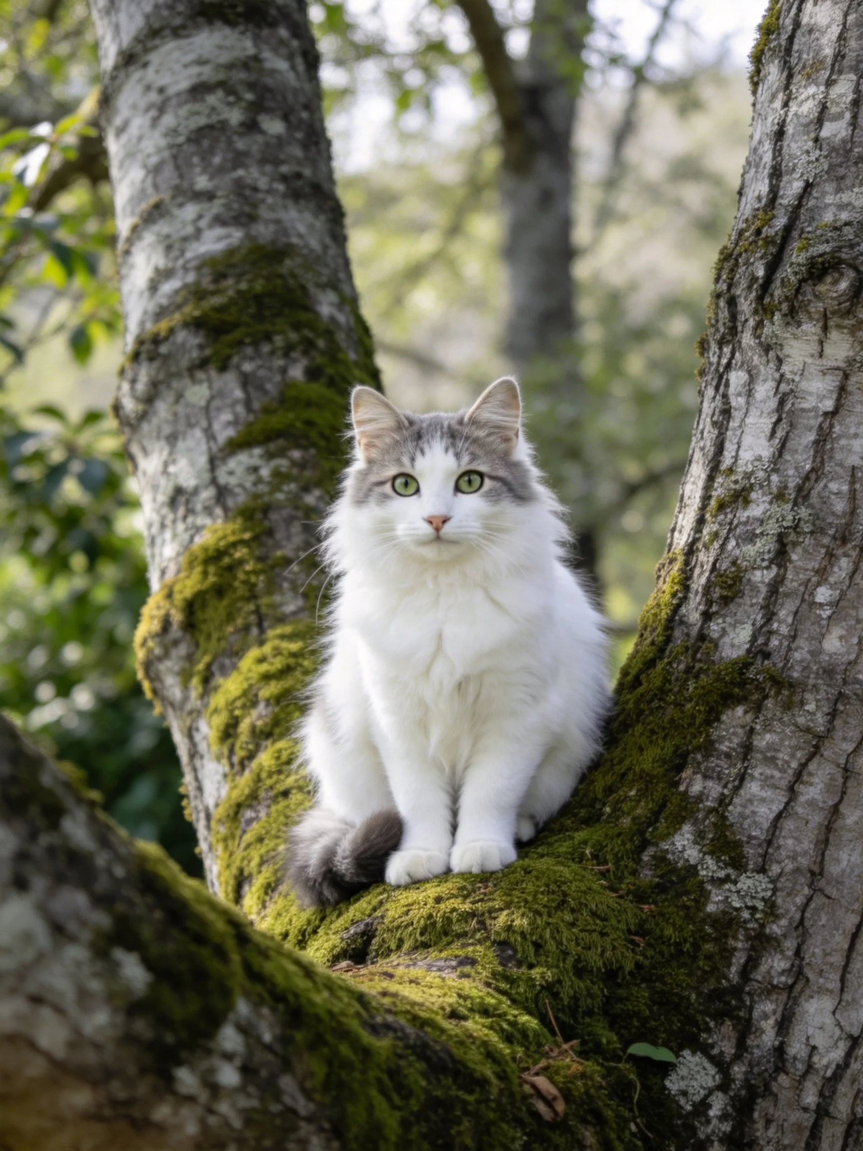 Fluffy white-gray cat sits on mossy tree branches