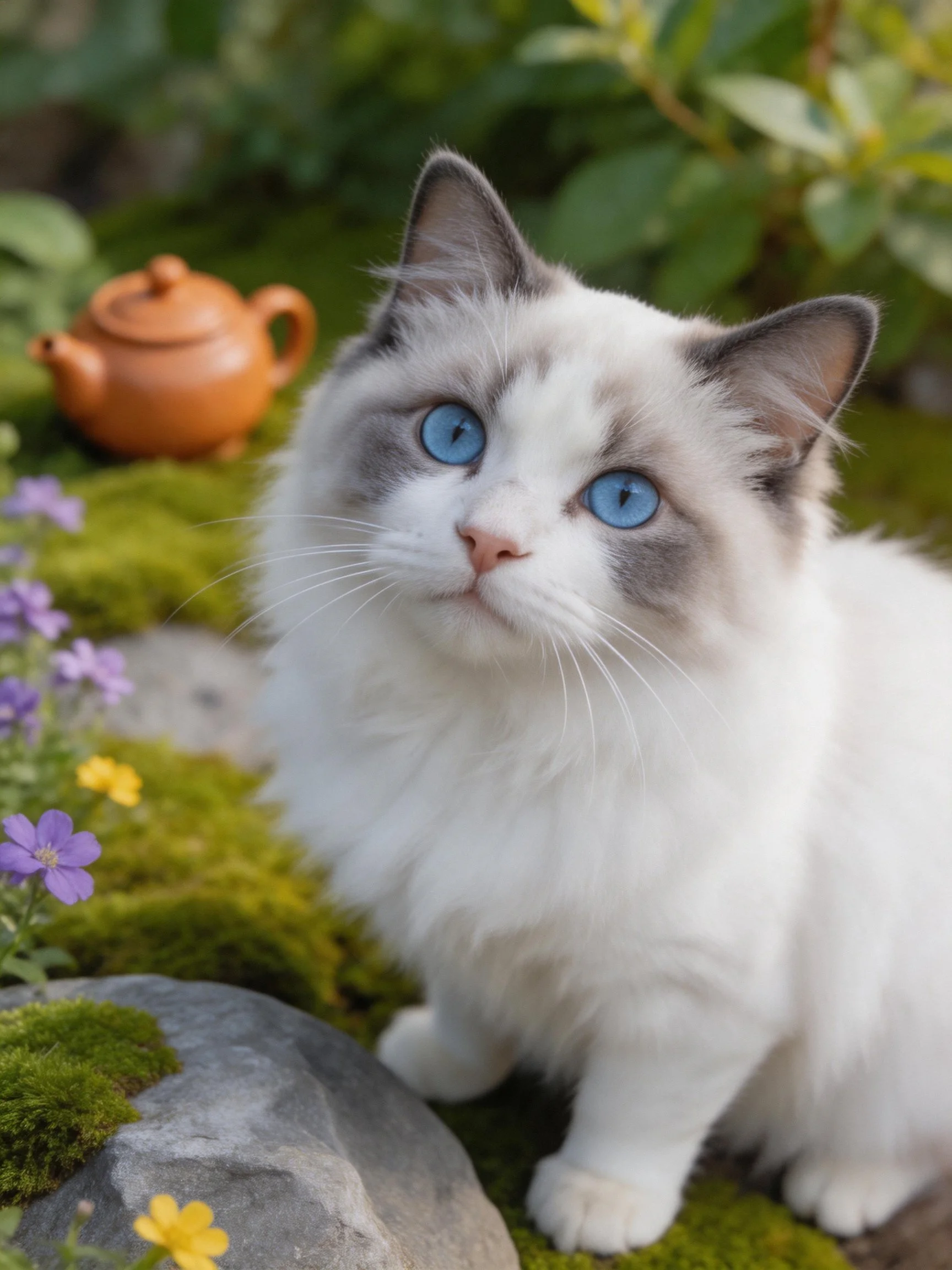 Fluffy white-gray cat with blue eyes amid moss, flowers, terracotta teapot