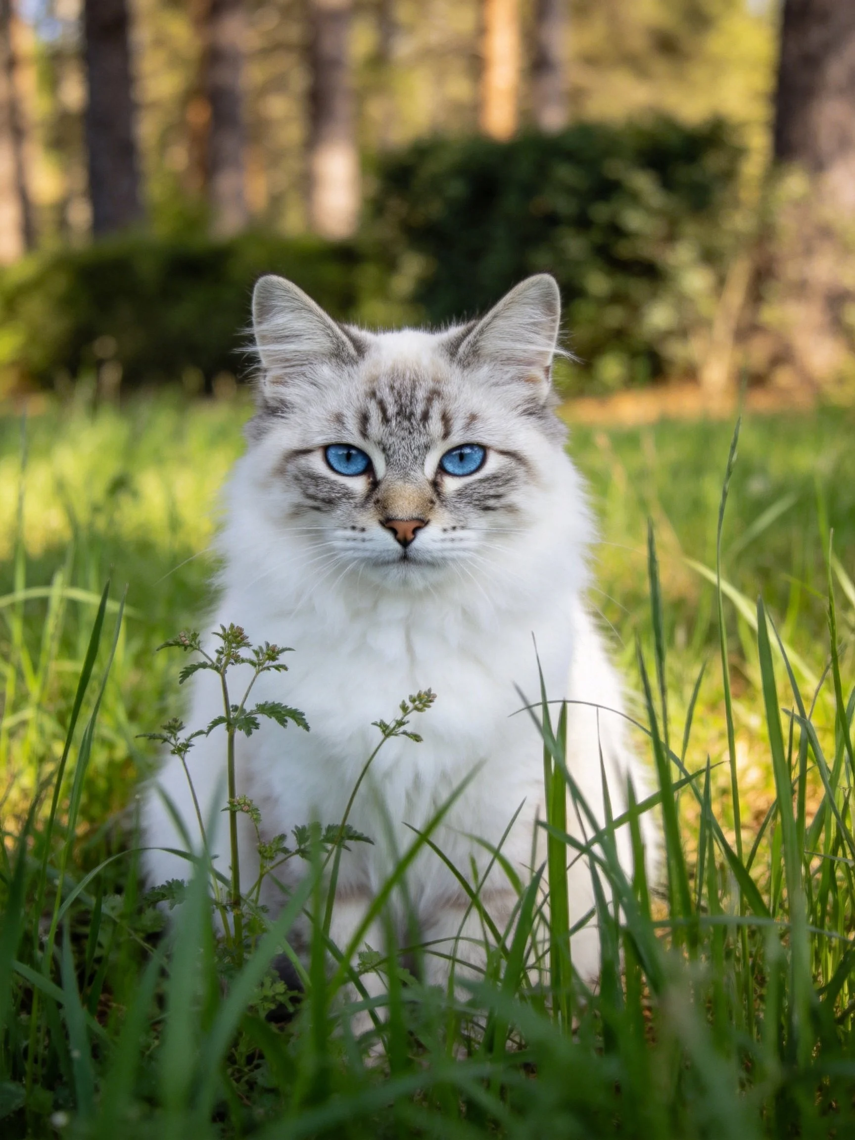 Fluffy white-gray cat with bright blue eyes in lush green grass