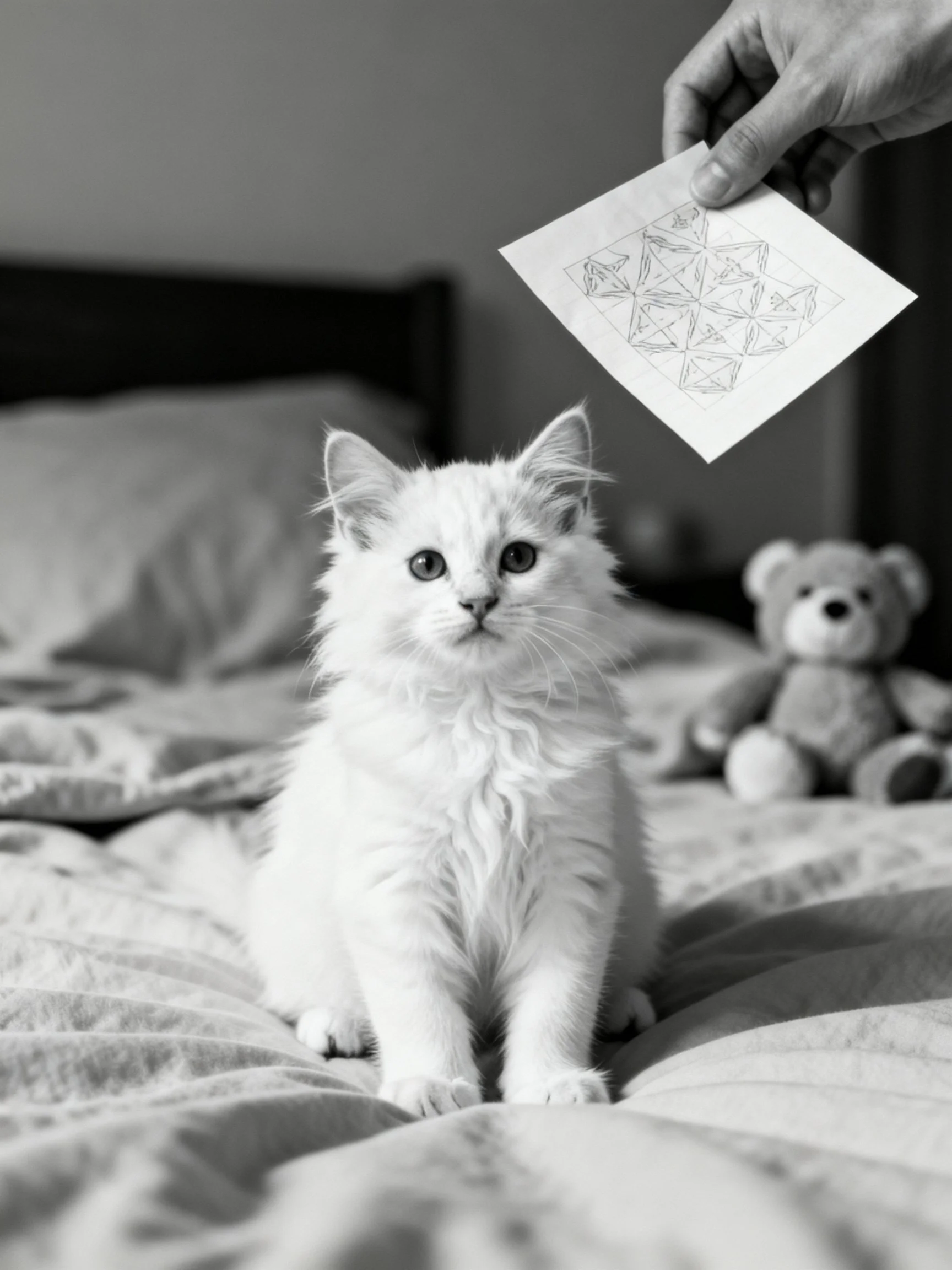 Fluffy white kitten on bed with hand holding geometric paper drawing