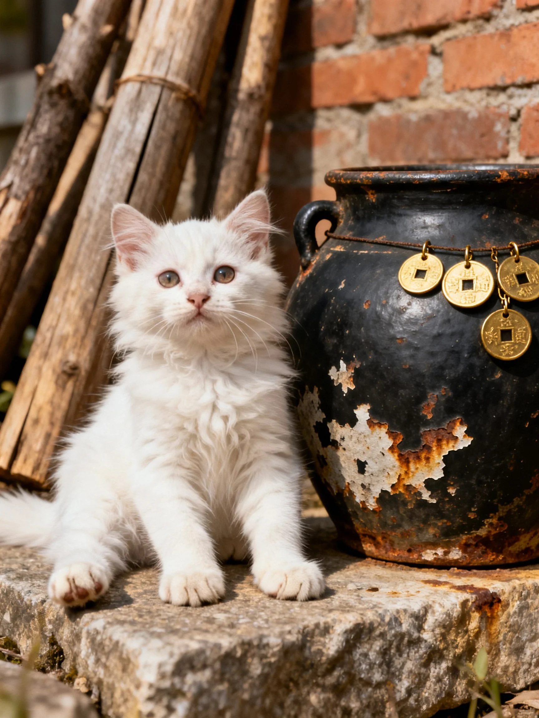 A fluffy white kitten sits next to an aged black pot with coins near a brick wall.