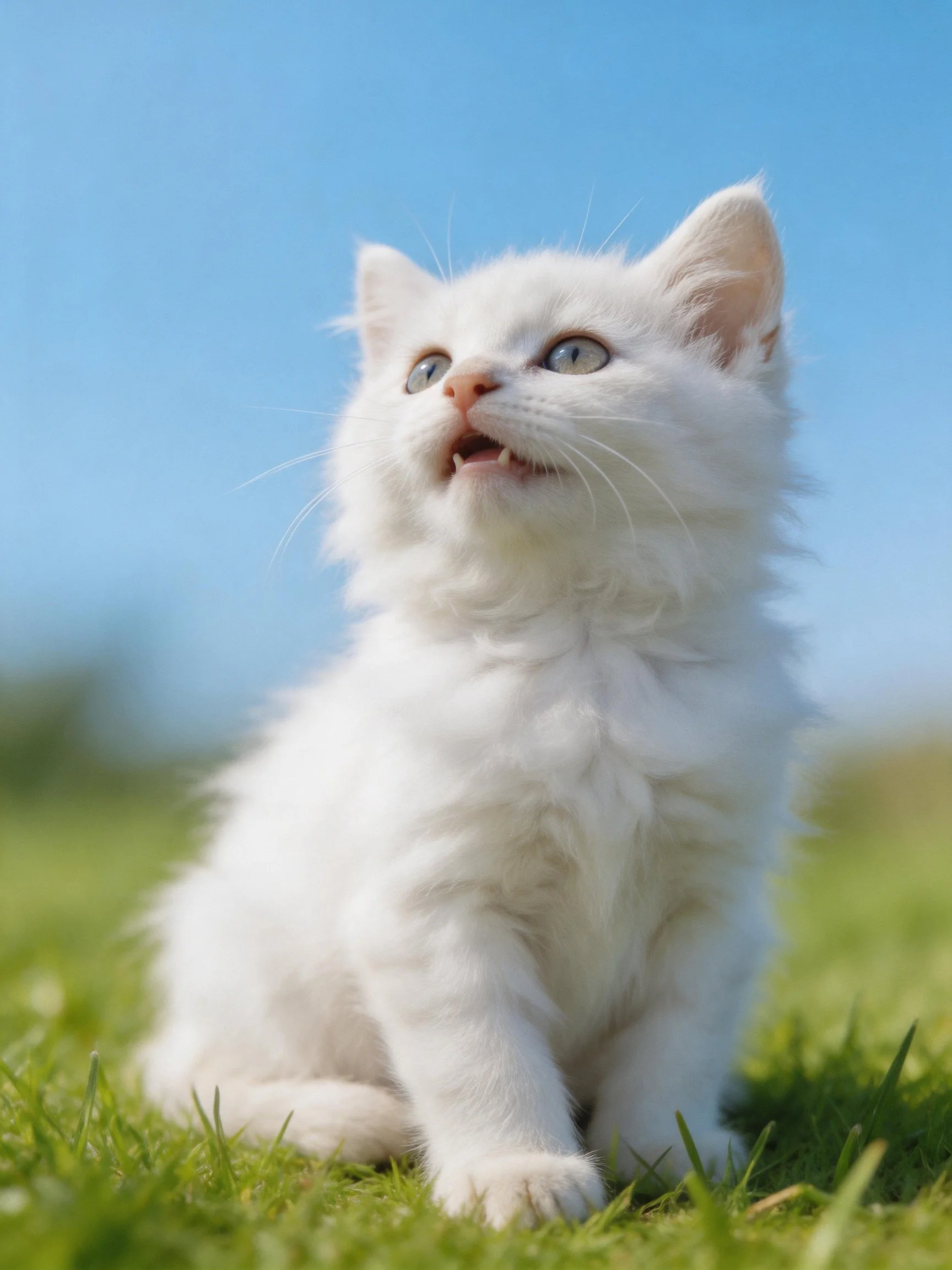 Fluffy white kitten sits on green grass with blue sky overhead.