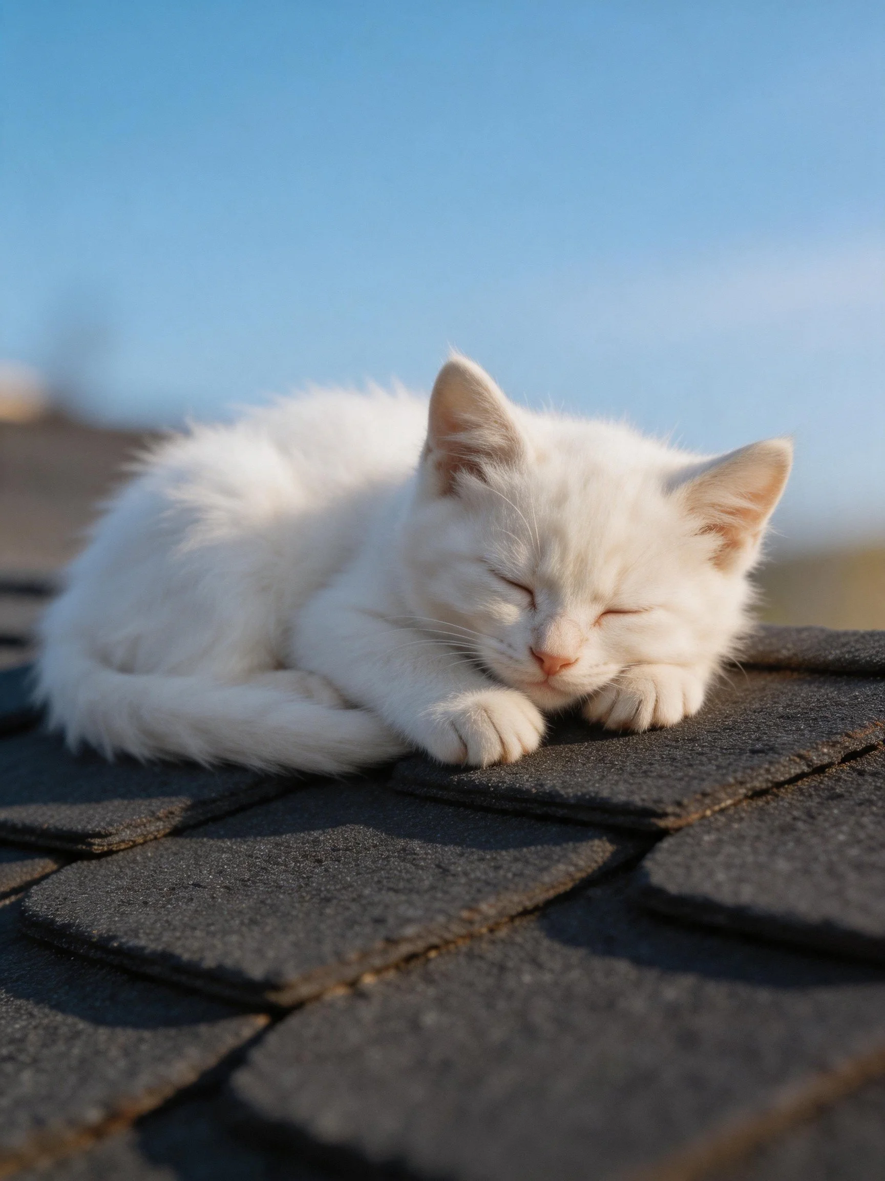 Fluffy white kitten sleeps on dark roof shingles under clear blue sky