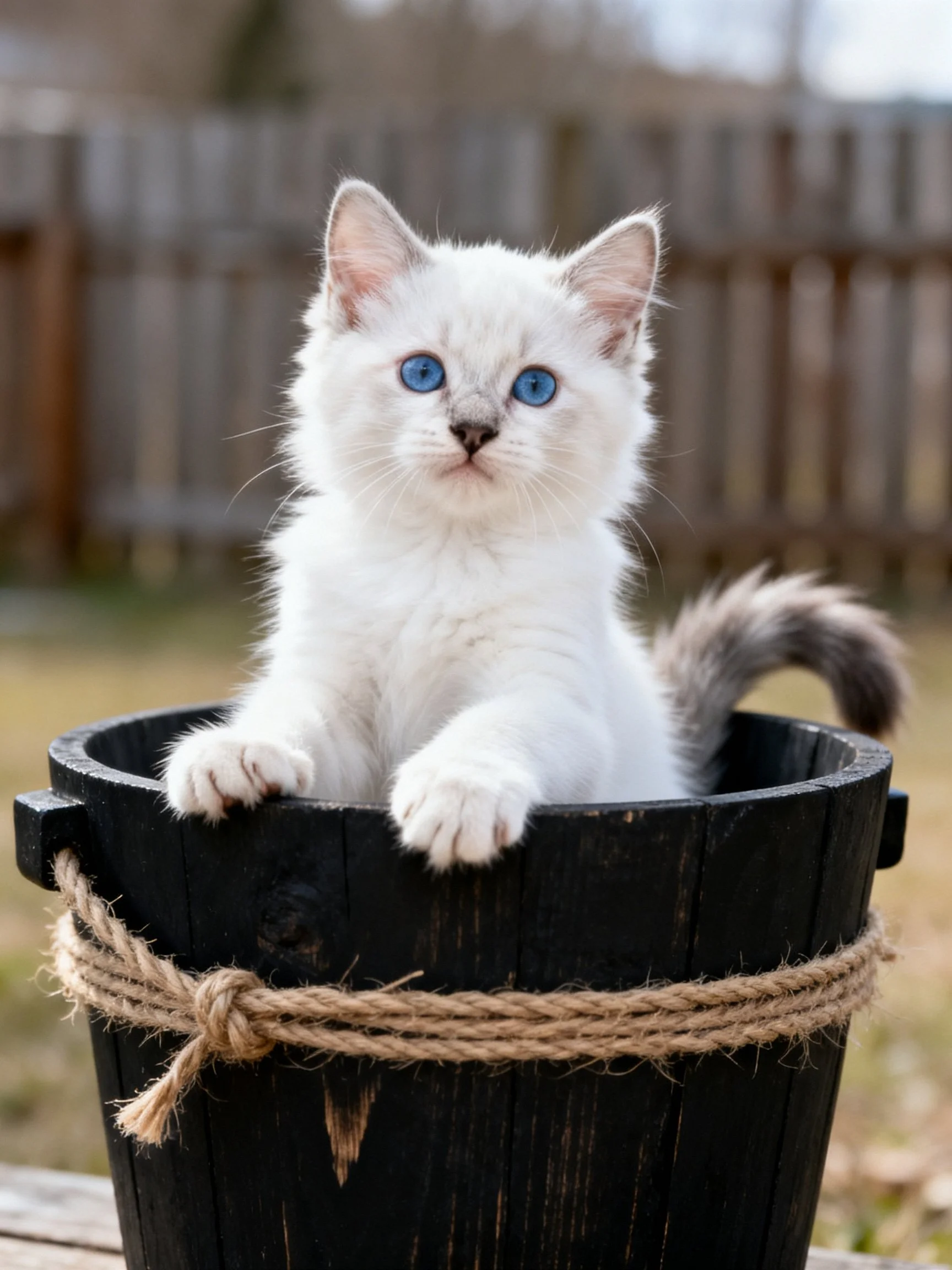 A white kitten with blue eyes sits inside a black wooden bucket outdoors.