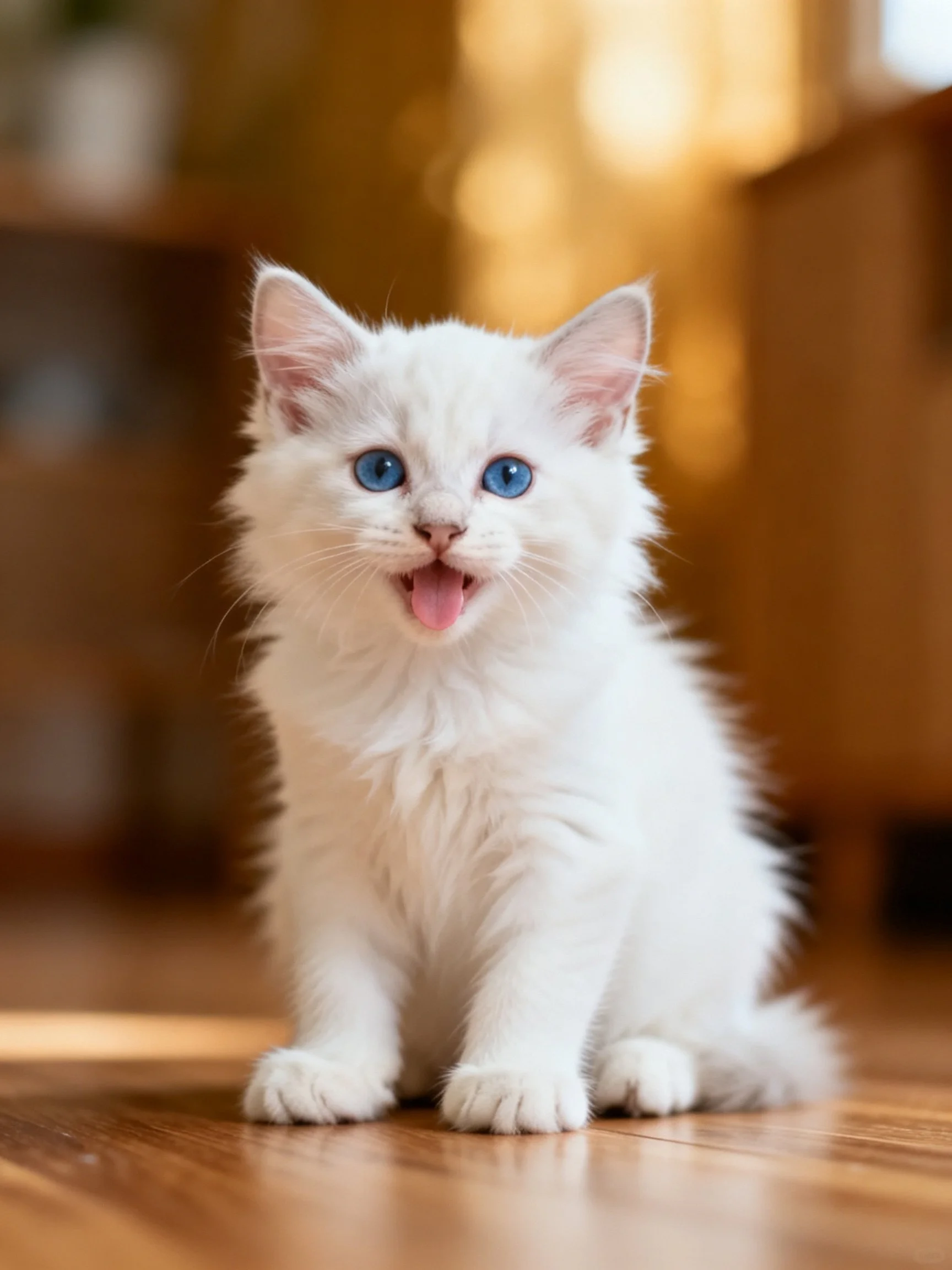 Fluffy white kitten with blue eyes sits happily on a wooden surface.