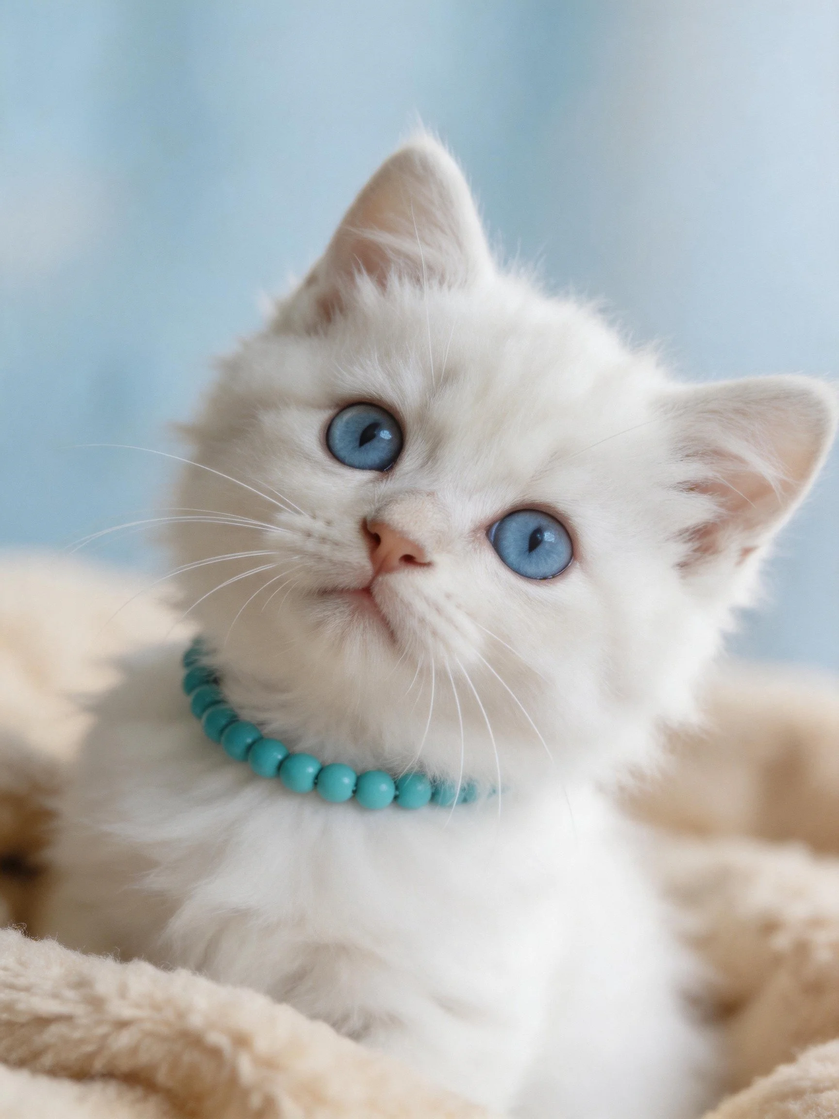 A fluffy white kitten with blue eyes rests on a soft beige blanket.