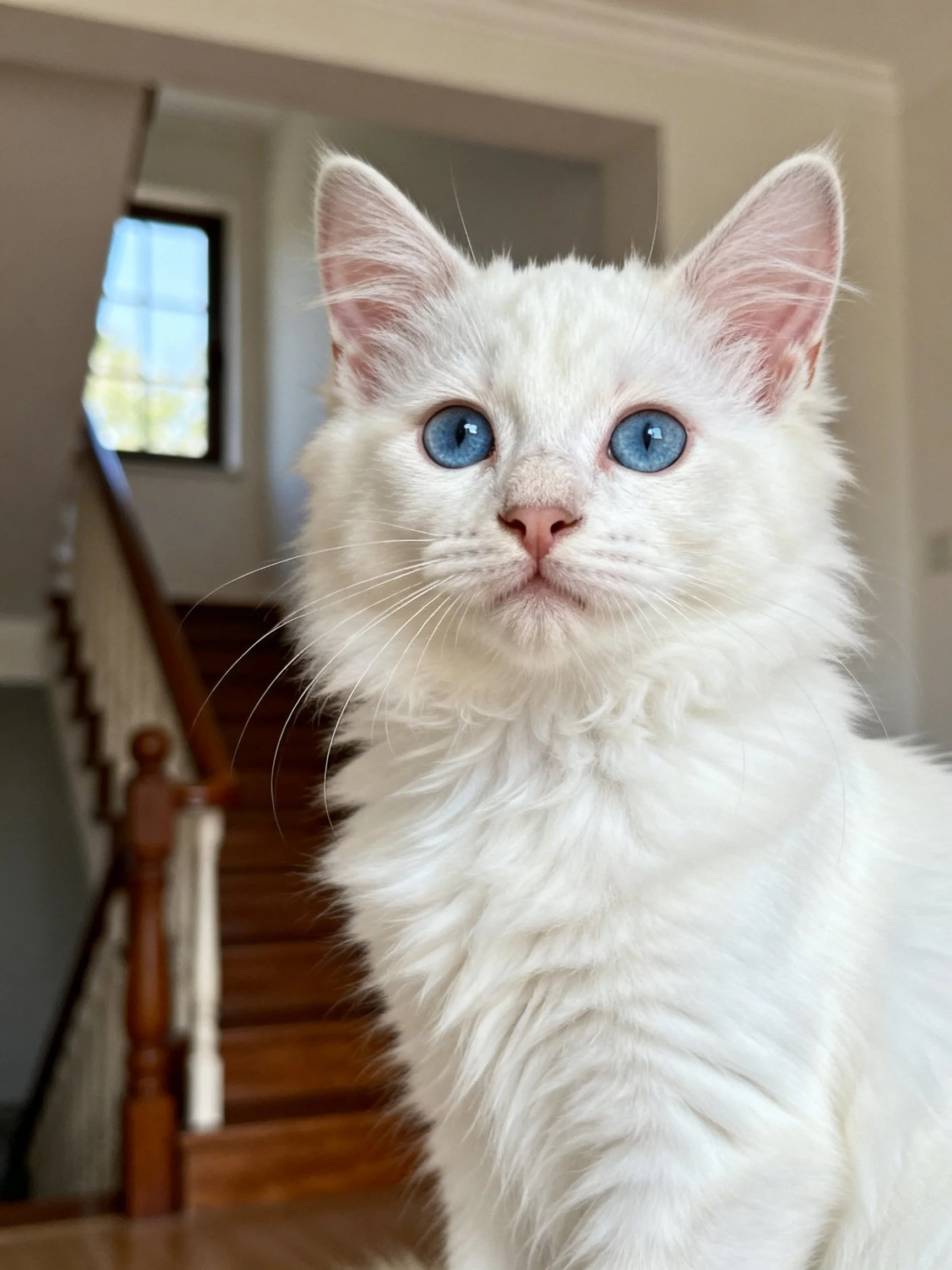 A fluffy white kitten with blue eyes is near a wooden staircase inside a home.
