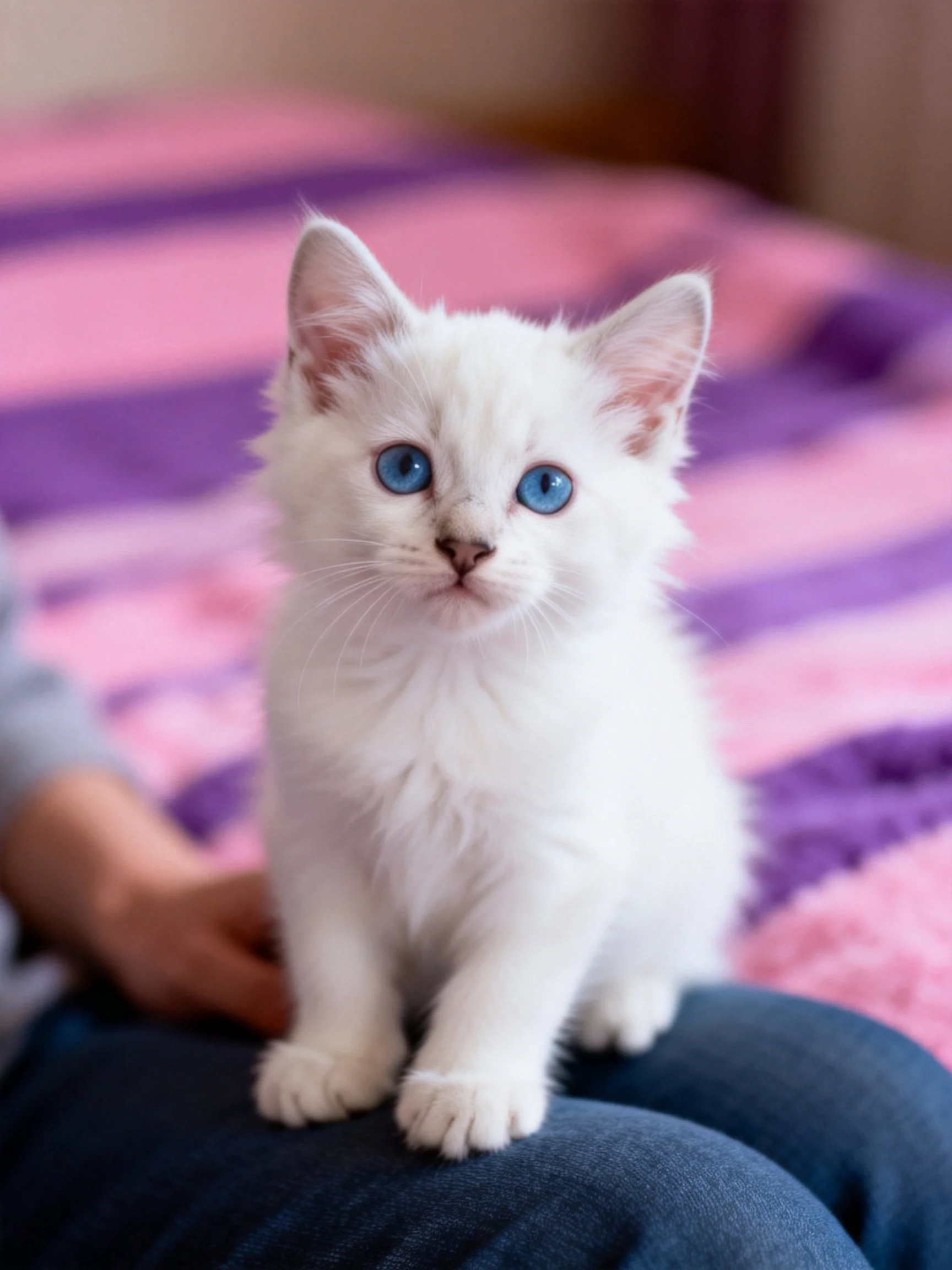 A fluffy white kitten with blue eyes sits on jeans next to pink-purple bedding.