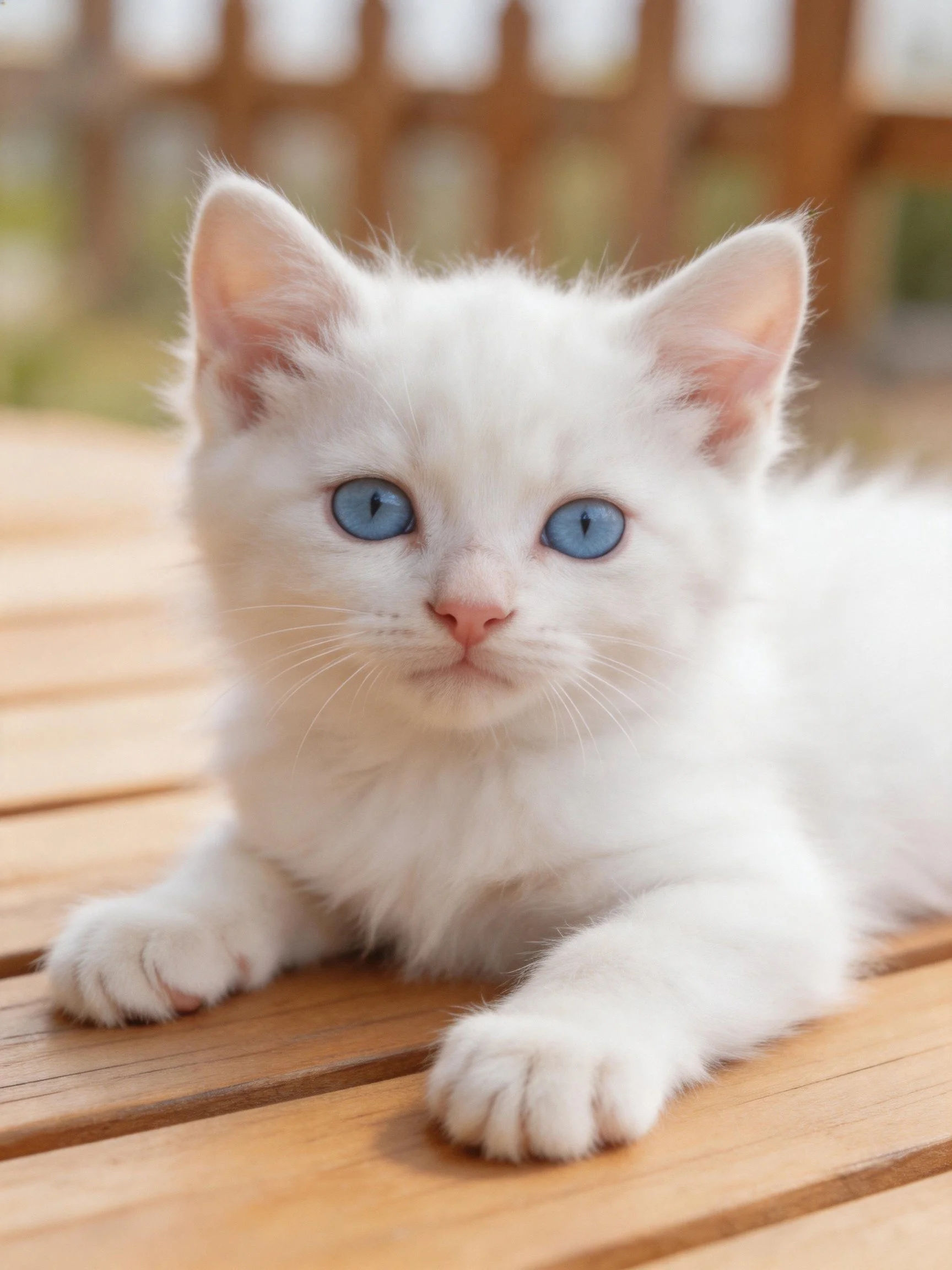 White kitten with blue eyes rests on wooden slats.