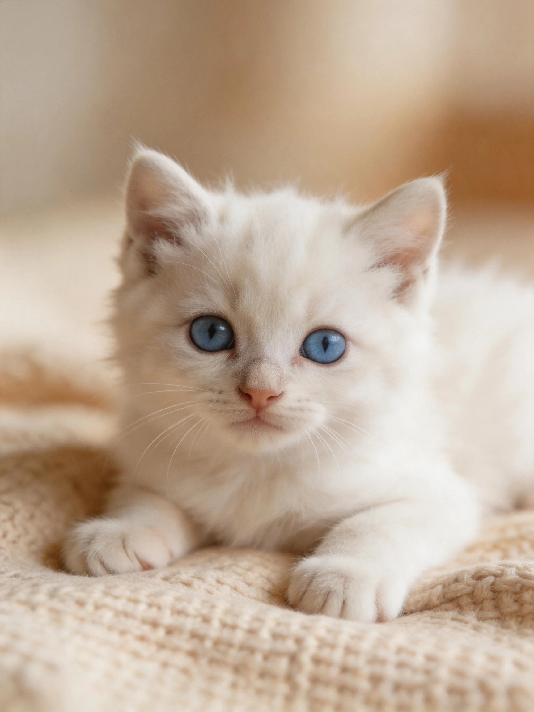 Fluffy white kitten with blue eyes rests on a soft blanket.