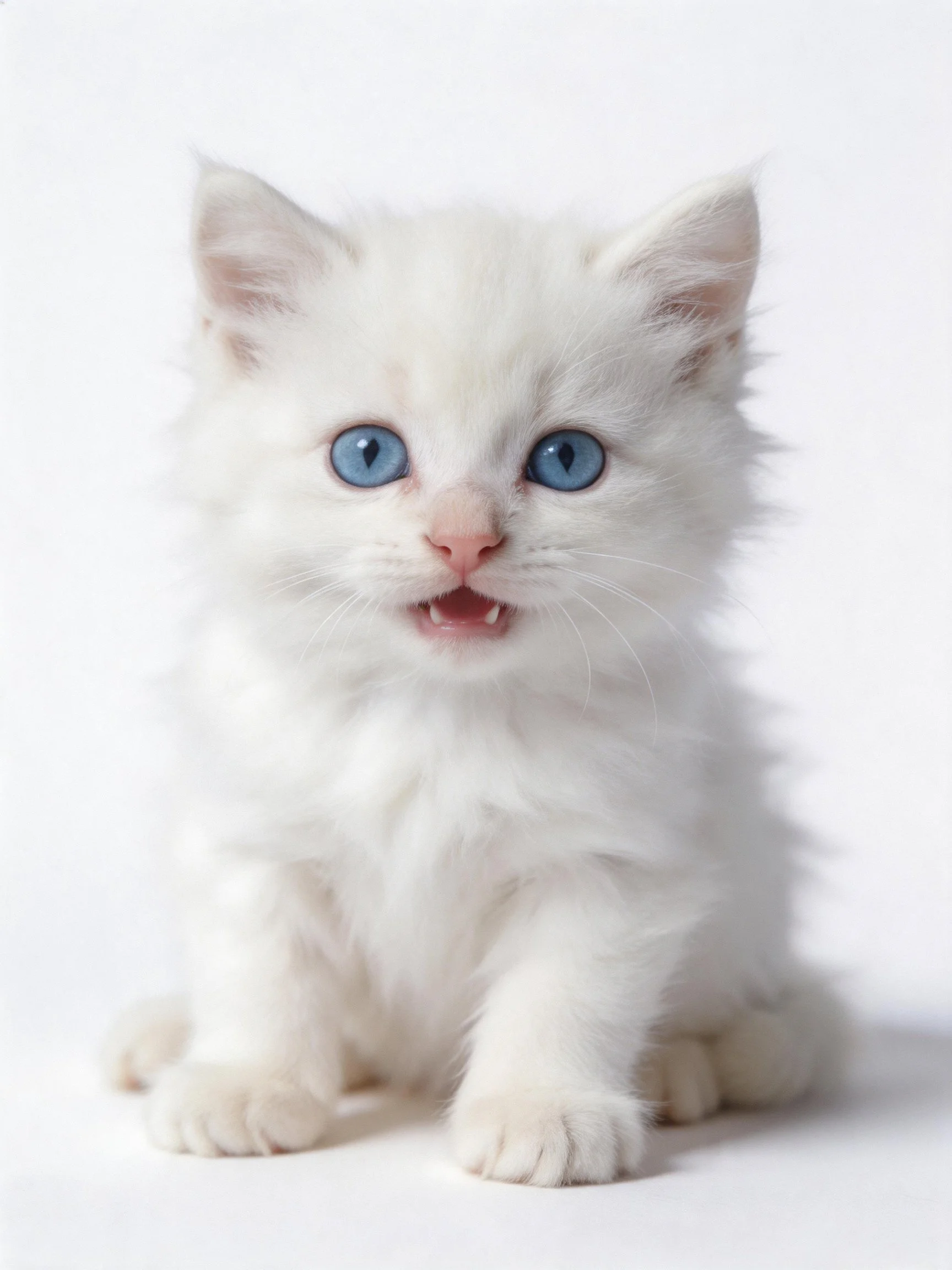 A fluffy white kitten with bright blue eyes sits on a white surface.