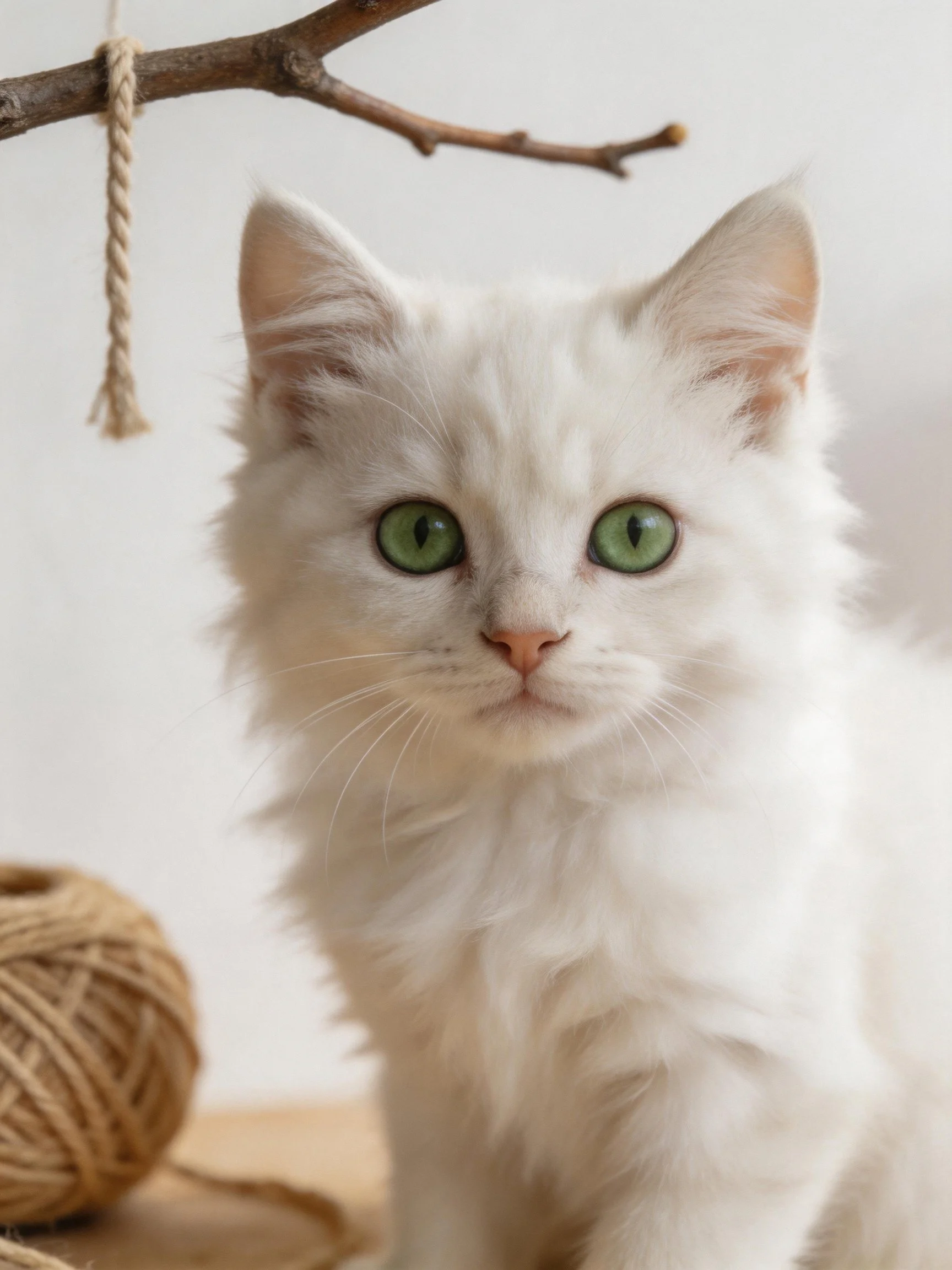 Fluffy white kitten with bright green eyes near twine ball and branch