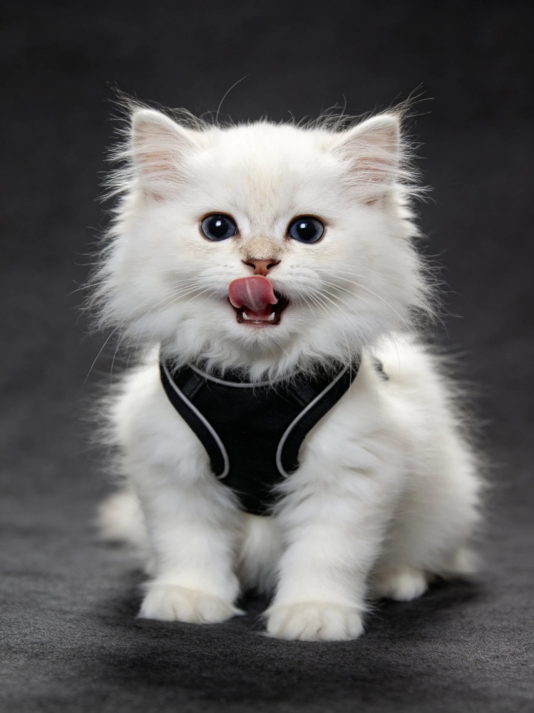 A fluffy white kitten with a black harness sticks out its tongue
