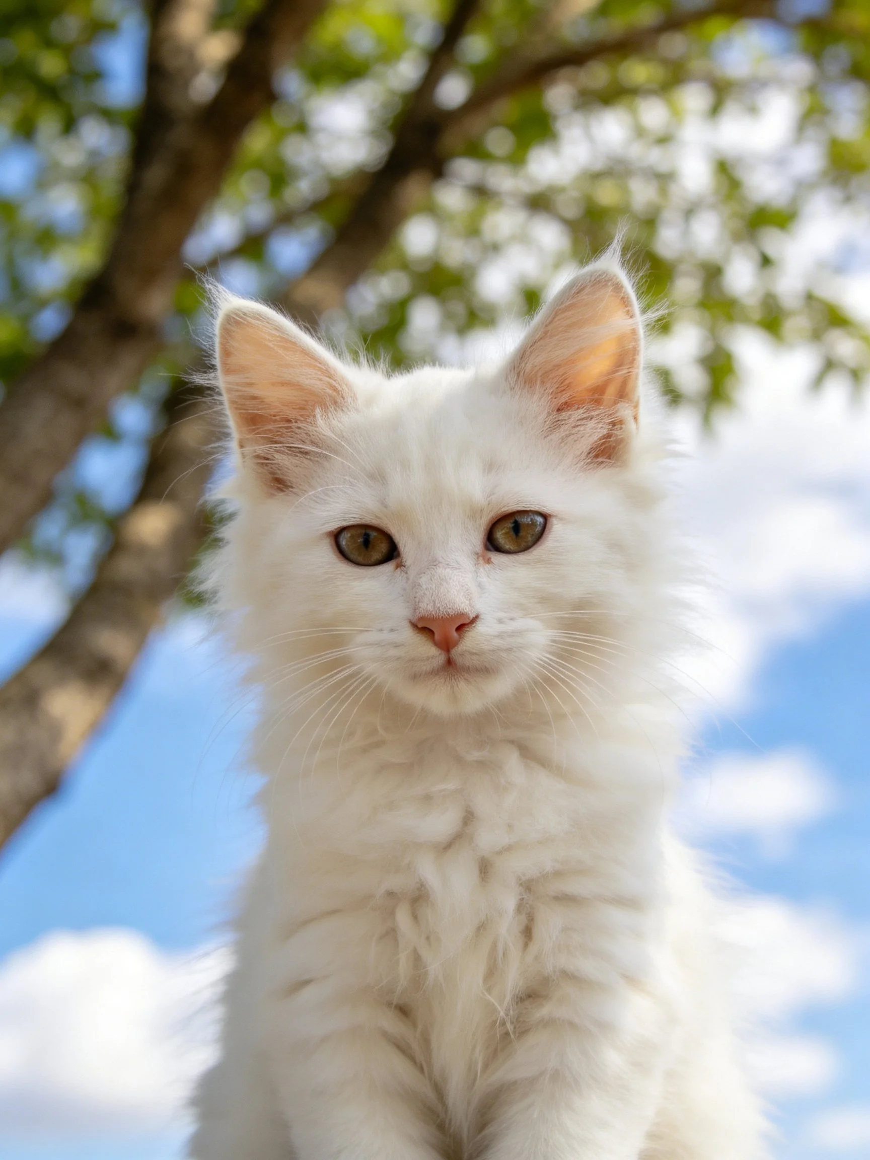 Fluffy white kitten with pointed ears near a tree