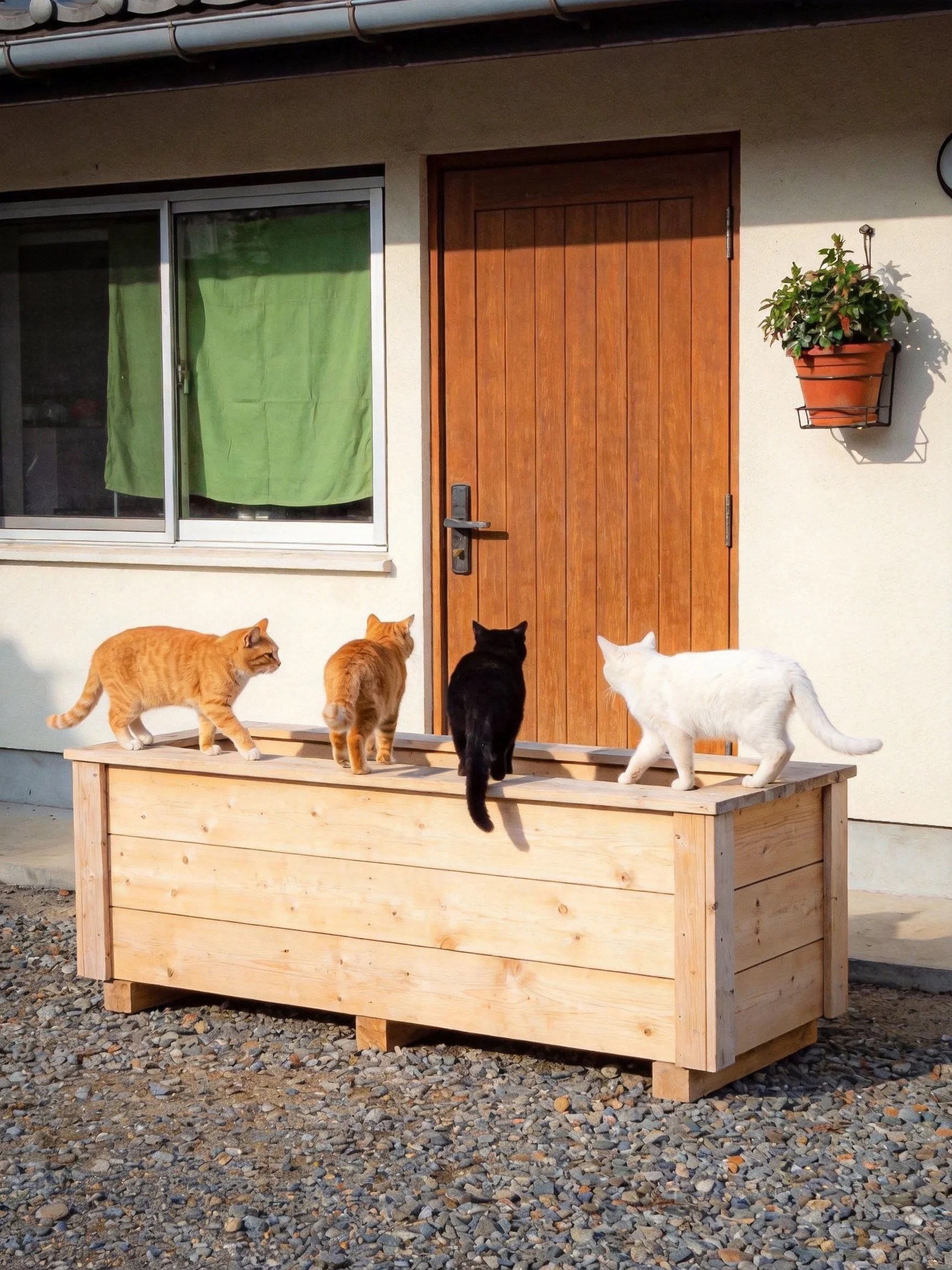 Four cats of assorted colors on a wooden planter near a house