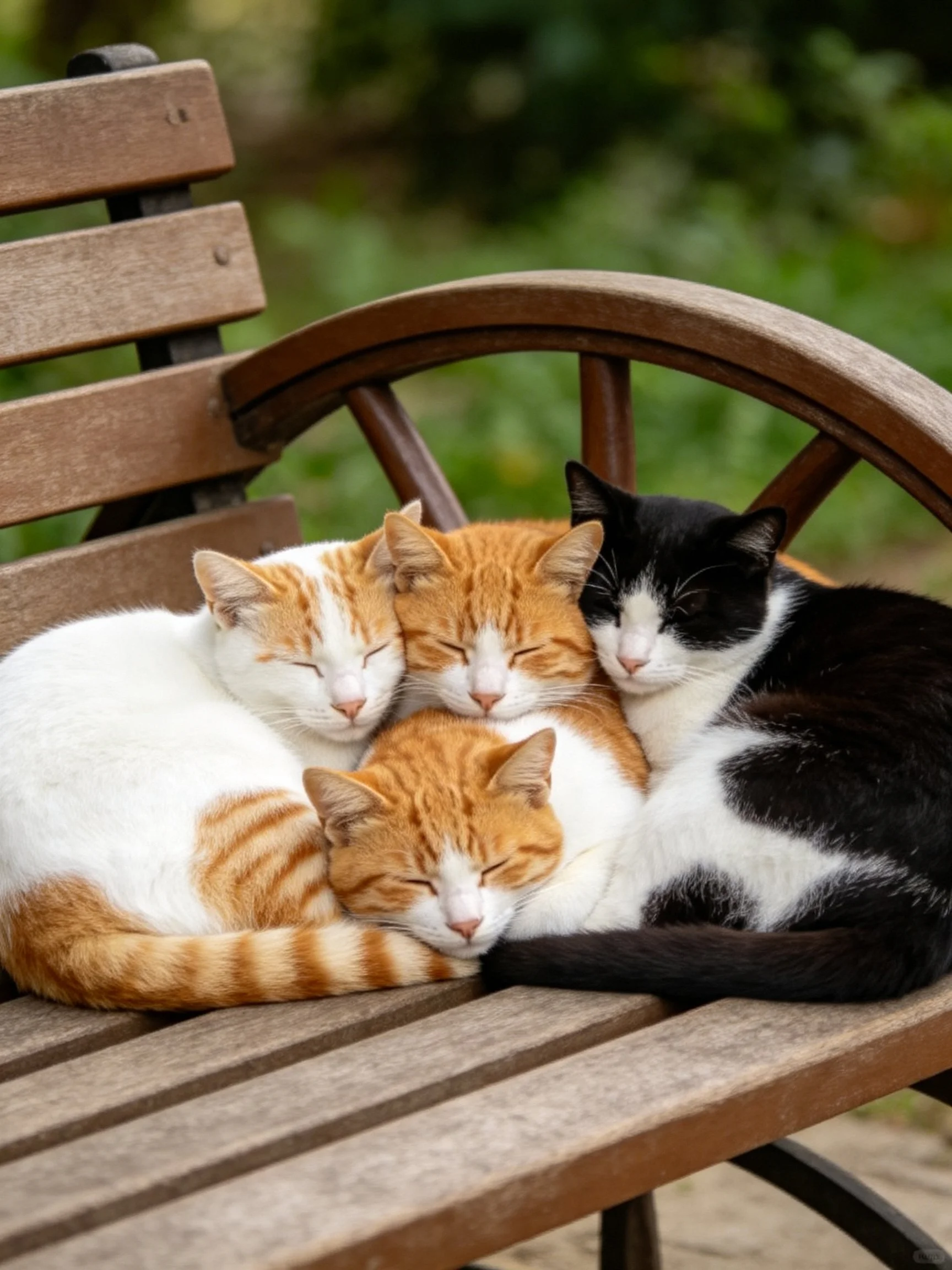 Four cats of varied colors cuddle on a wooden bench outside