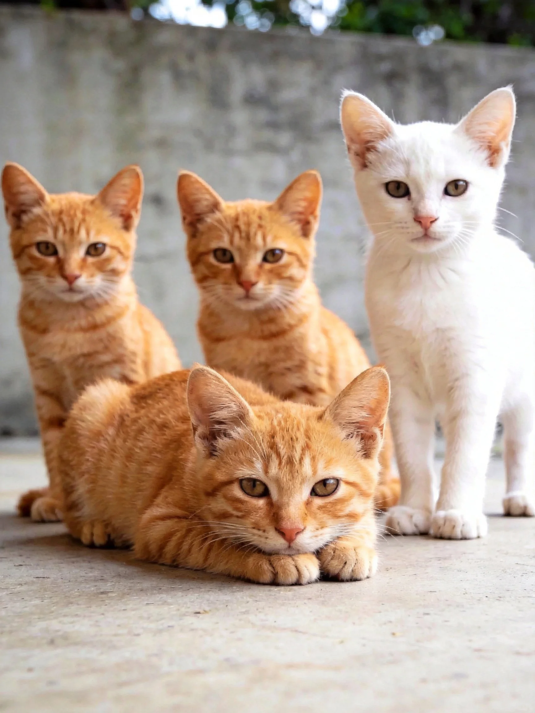 Four kittens grouped, three orange tabby, one white, concrete surface