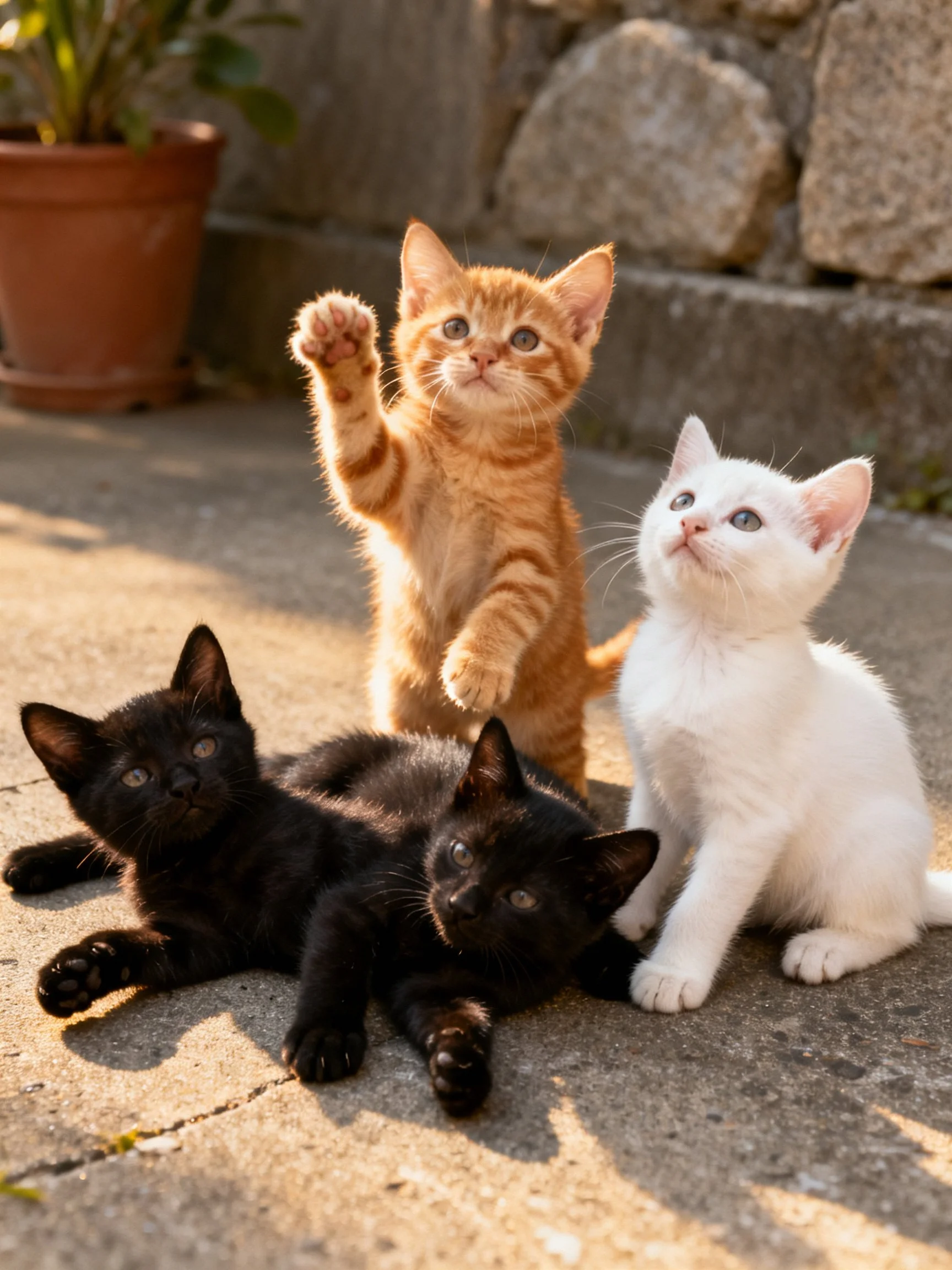 Four kittens in orange, white, and black hues gather near a stone wall with a terracotta pot