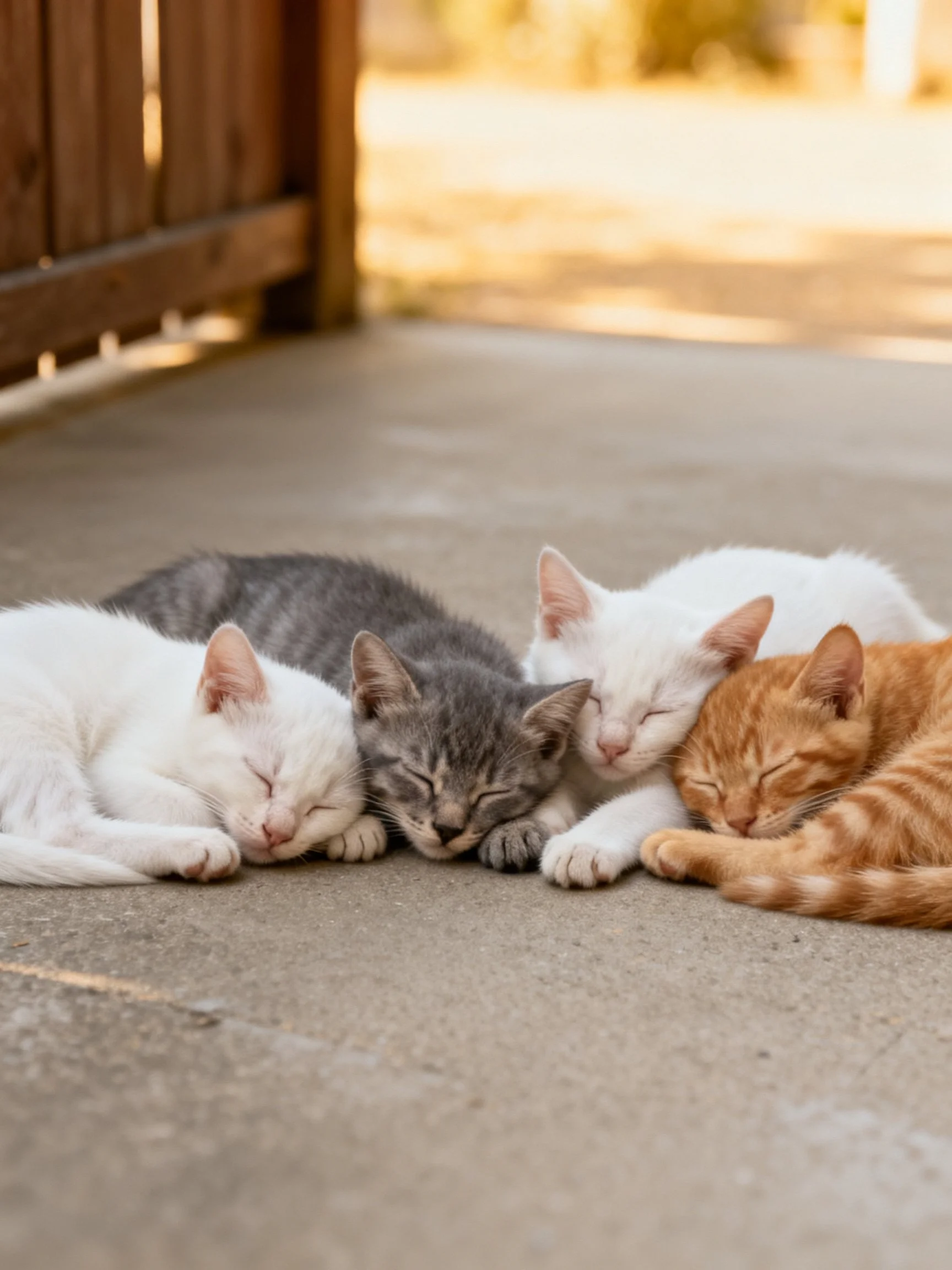 Four kittens of varied colors sleeping closely together outdoors