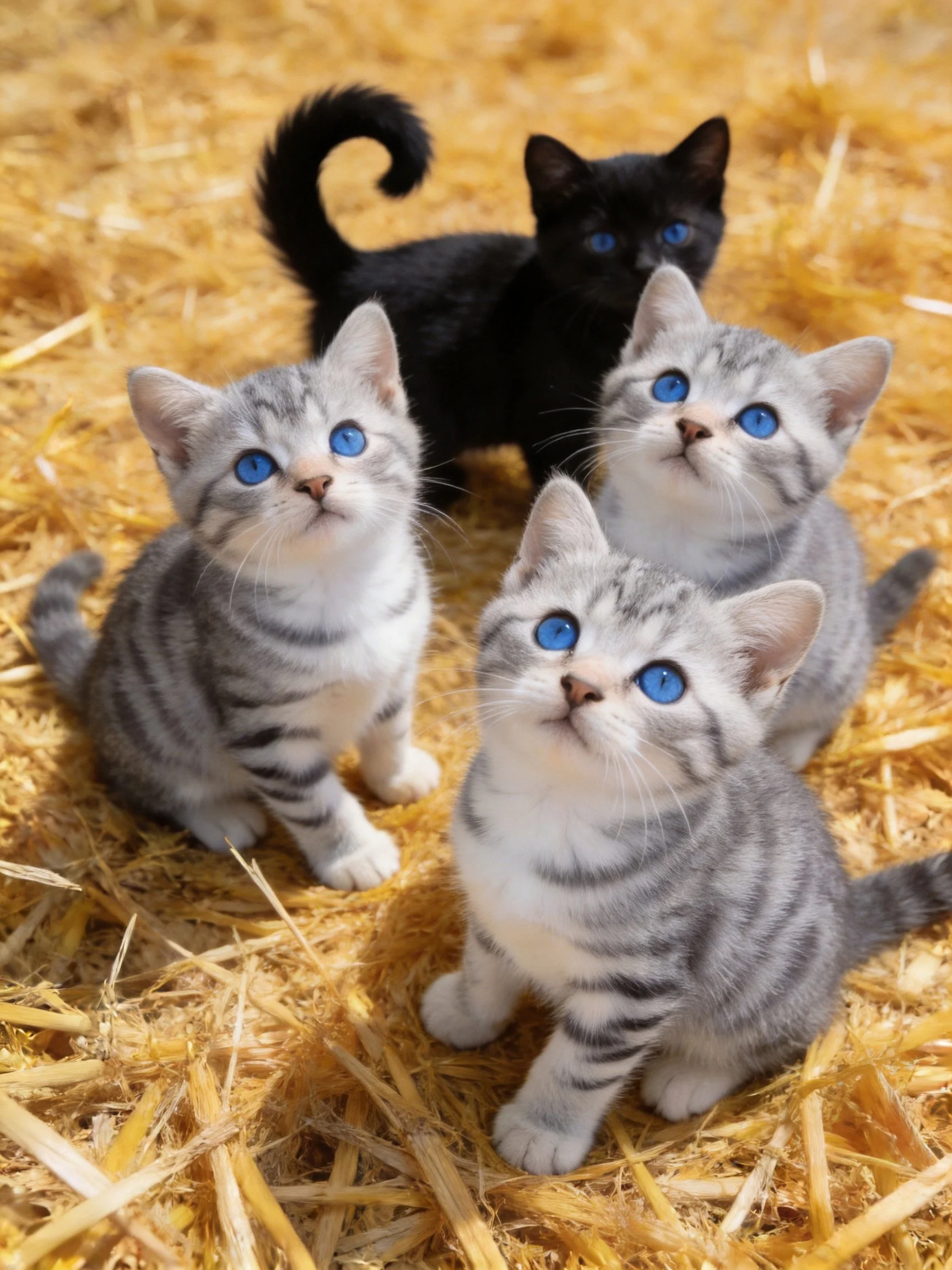 Four kittens, two black and three gray tabby, with bright blue eyes, on golden straw