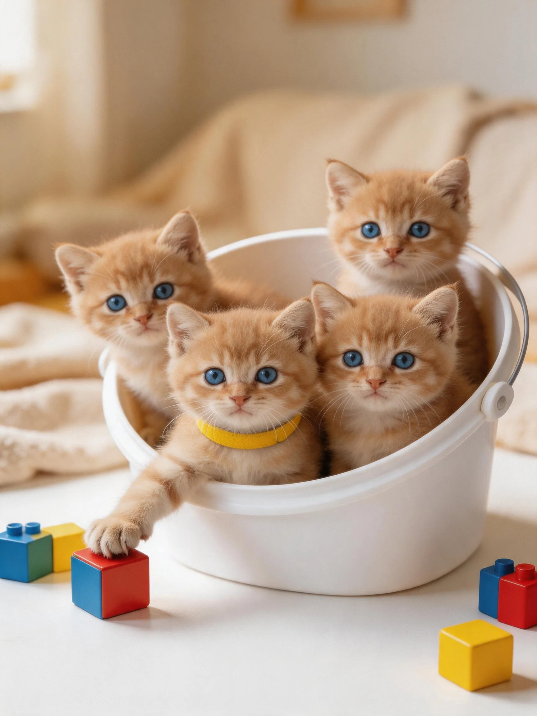Four orange kittens in a white bucket with colorful toy blocks