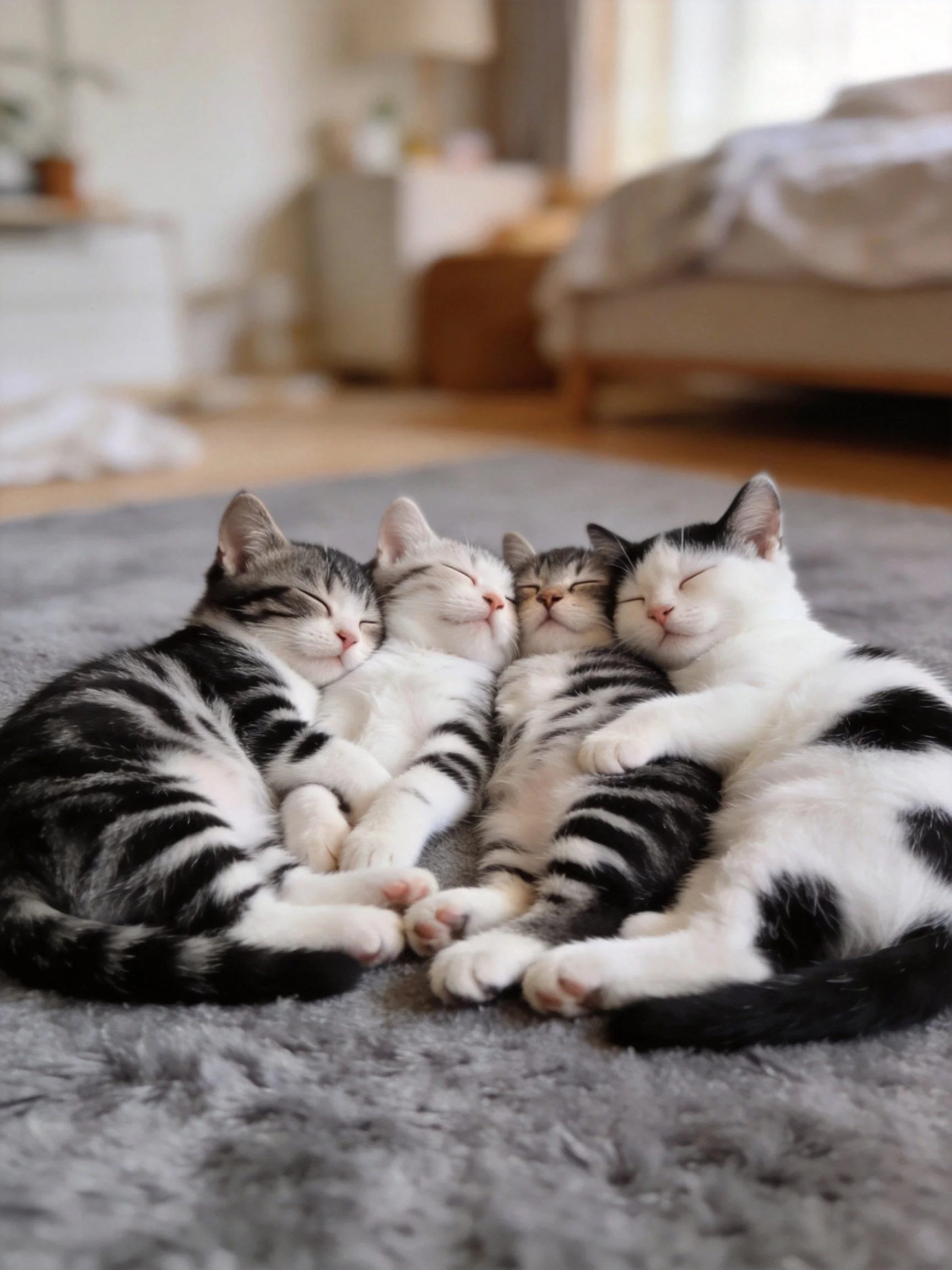 Four tabby and white kittens snuggle together on a soft gray rug