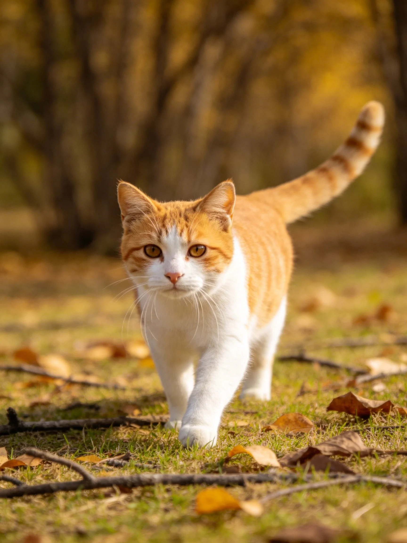 Ginger and white cat walks through fallen leaves in sunlit outdoor area