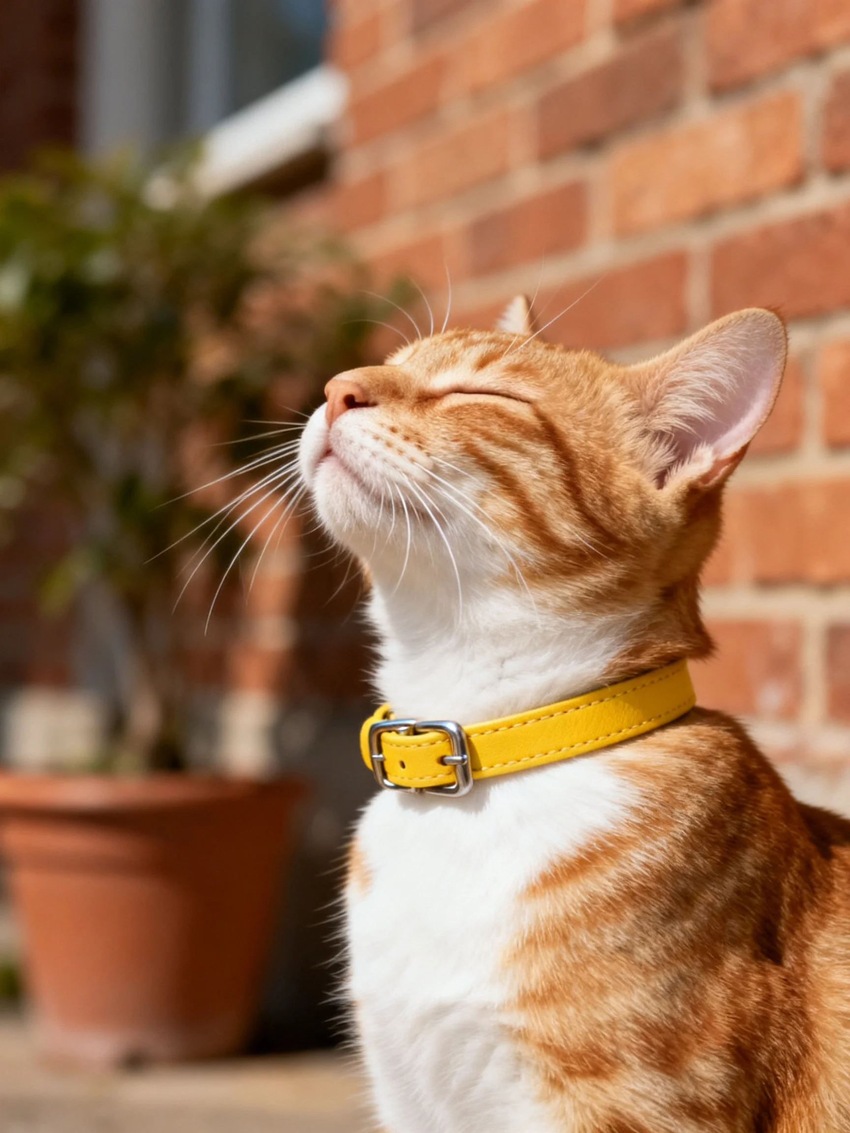 Ginger and white cat with yellow collar near brick wall