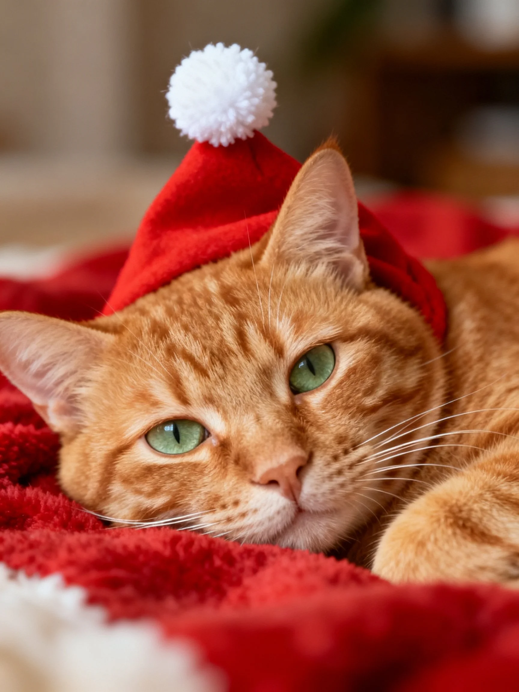 Ginger cat in red Santa hat rests on plush red blanket