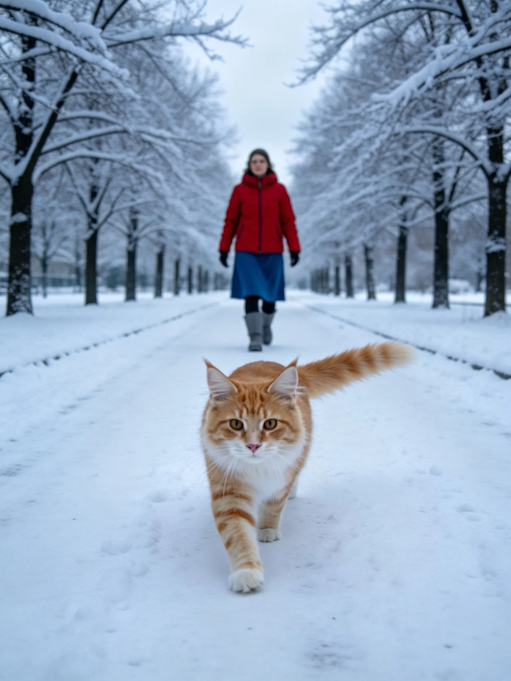 Ginger cat walks toward camera near woman in red coat on snowy path