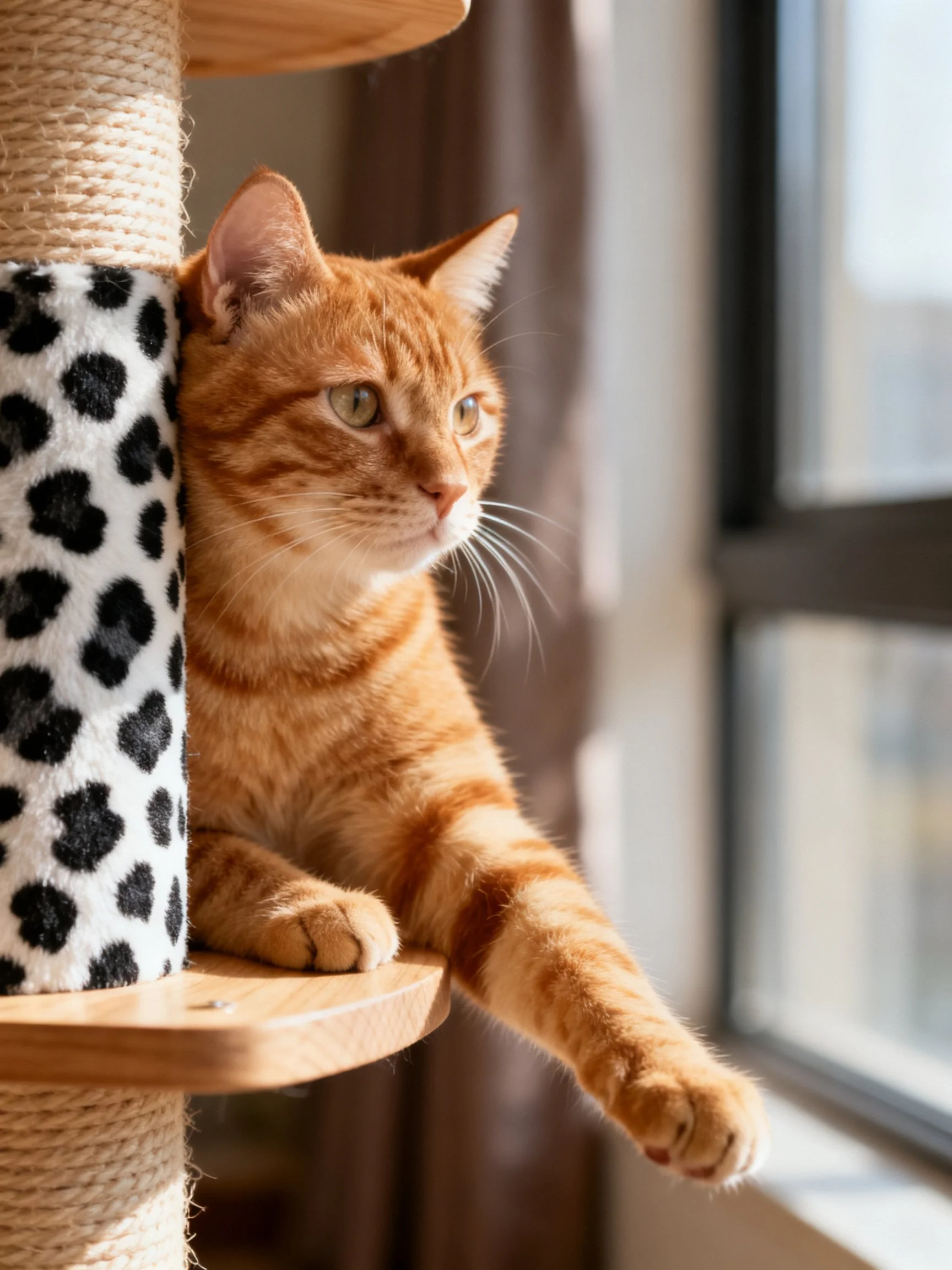 Ginger tabby cat near leopard - print scratching post by sunlit window
