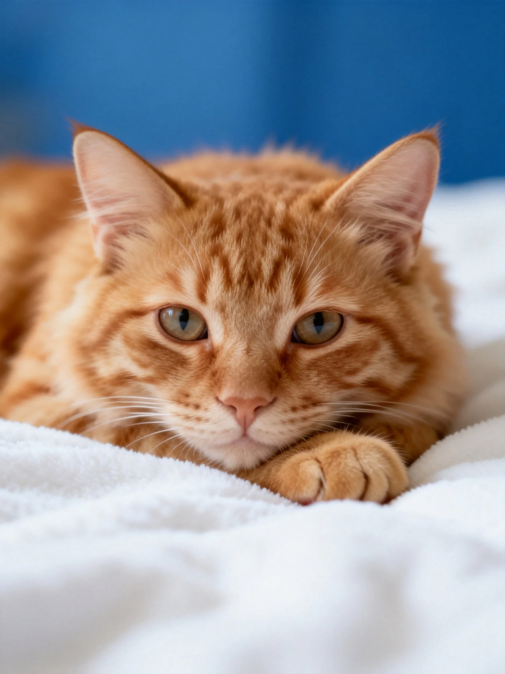 Ginger tabby cat resting on white fabric with blue backdrop