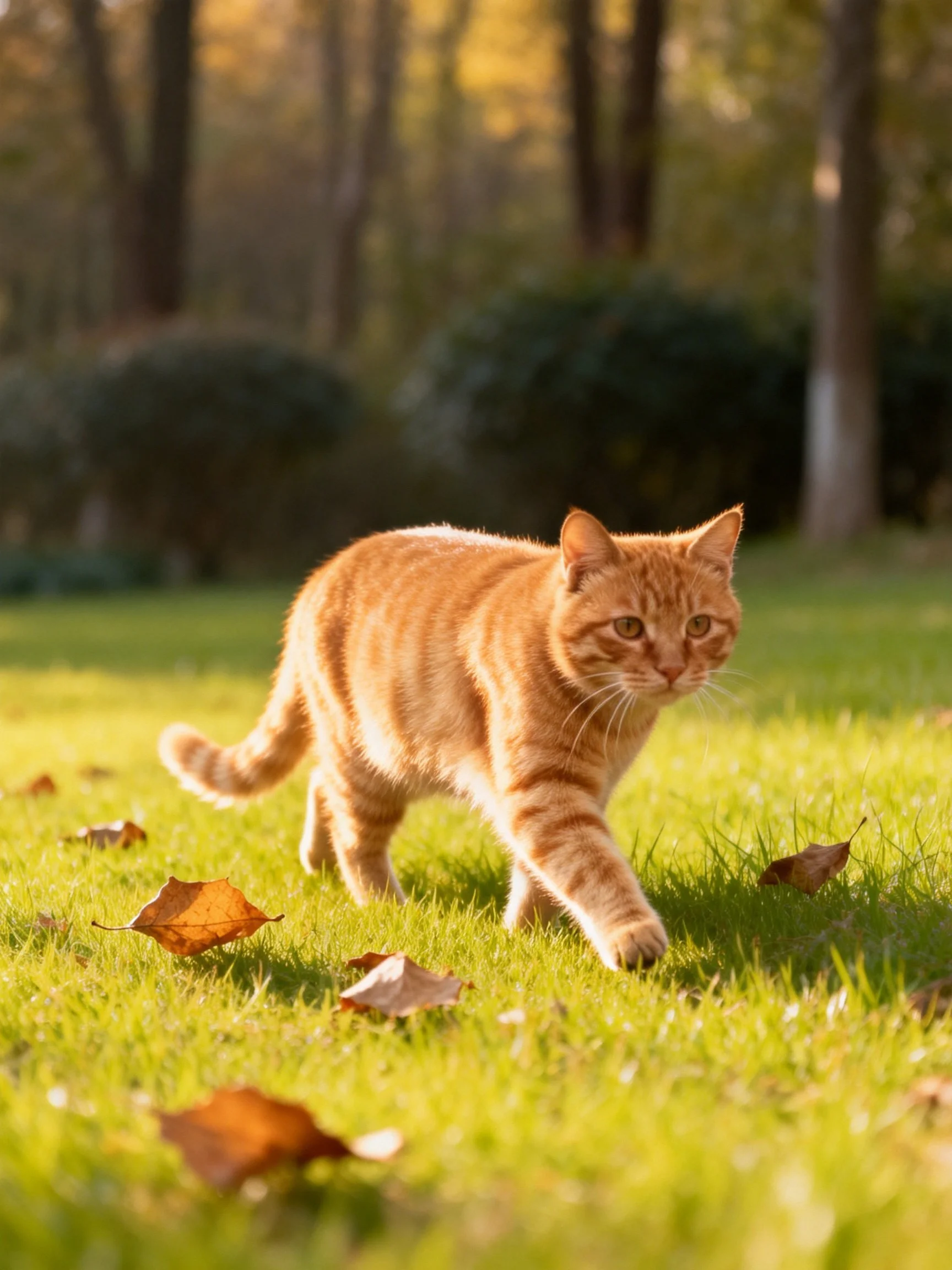 Ginger tabby cat walks on sunlit grass with fallen leaves