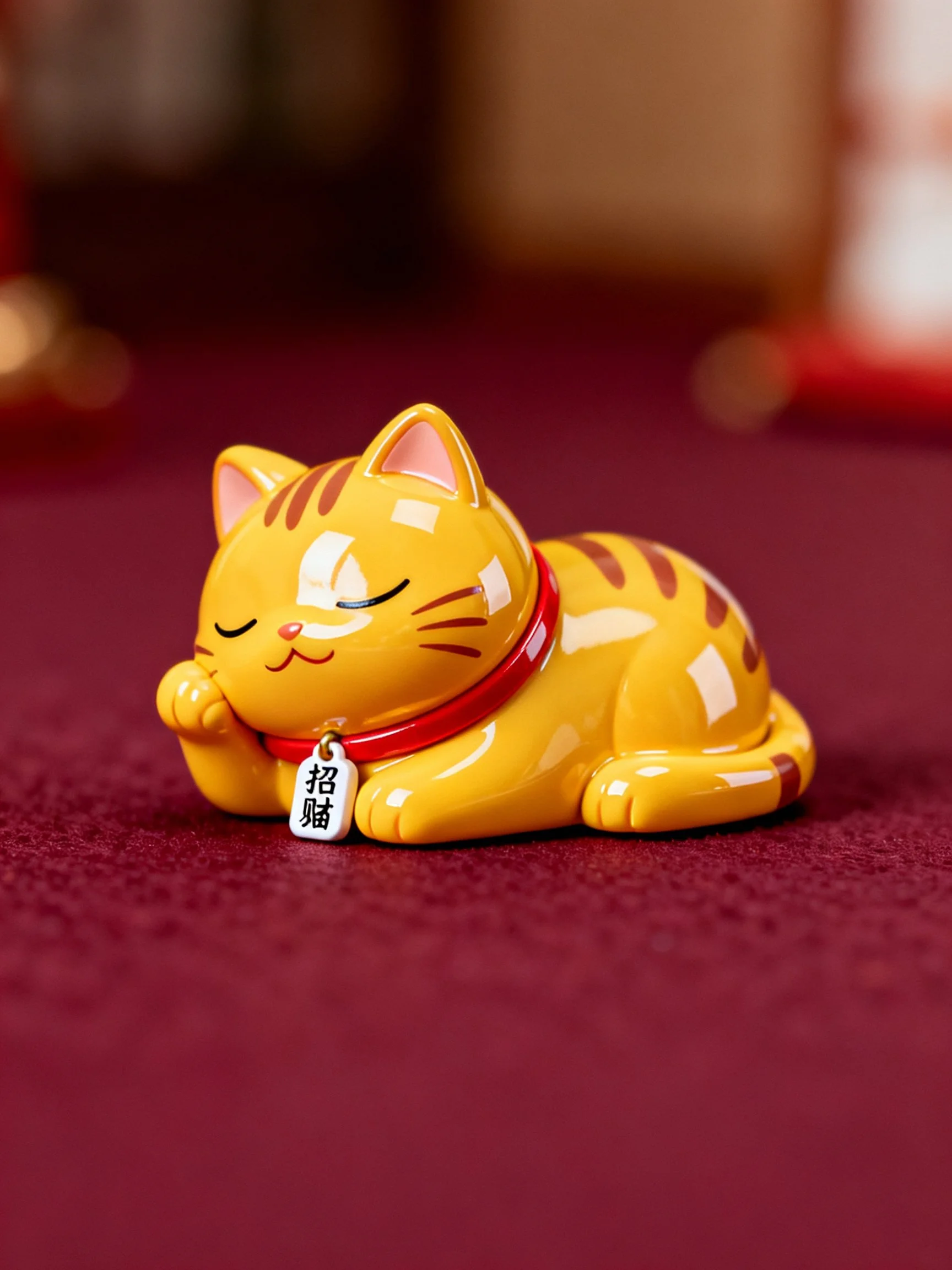 A glossy yellow Maneki-neko figurine with red collar rests on maroon fabric.