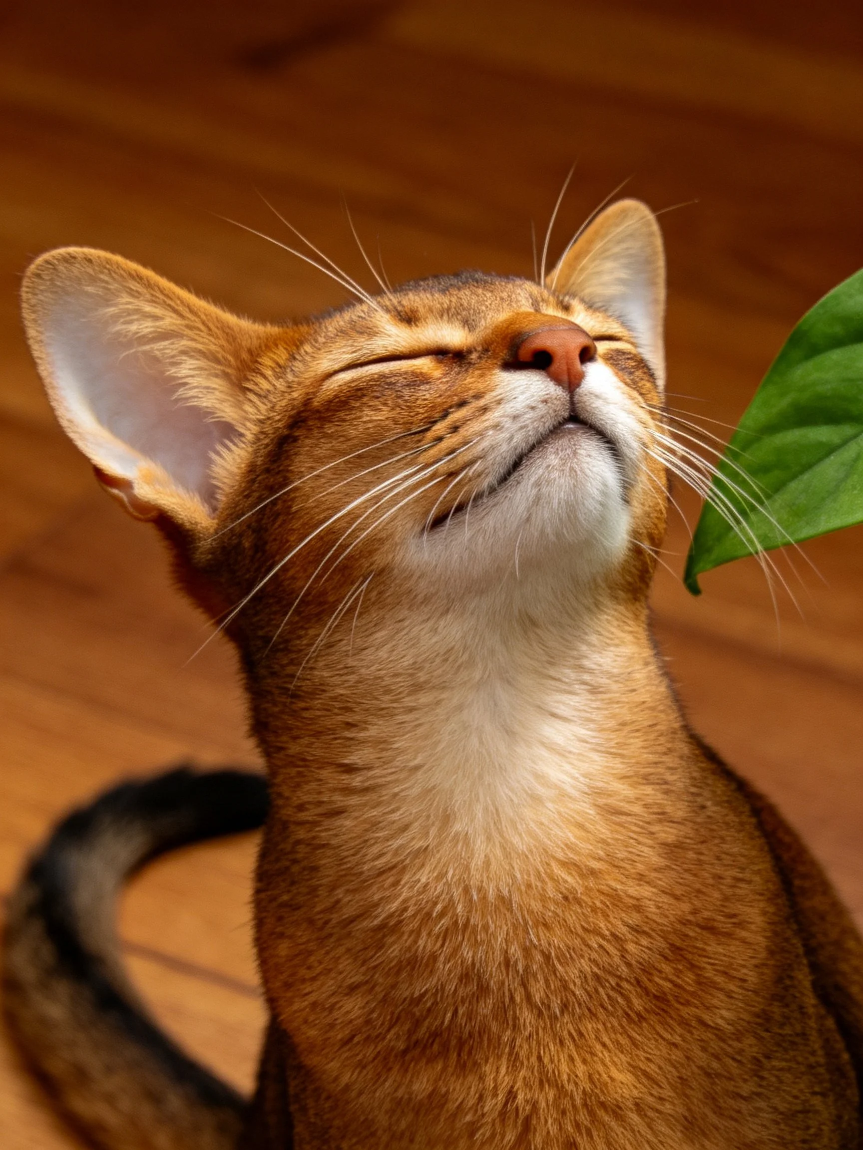 Golden-brown cat sniffs green leaf by wooden flooring