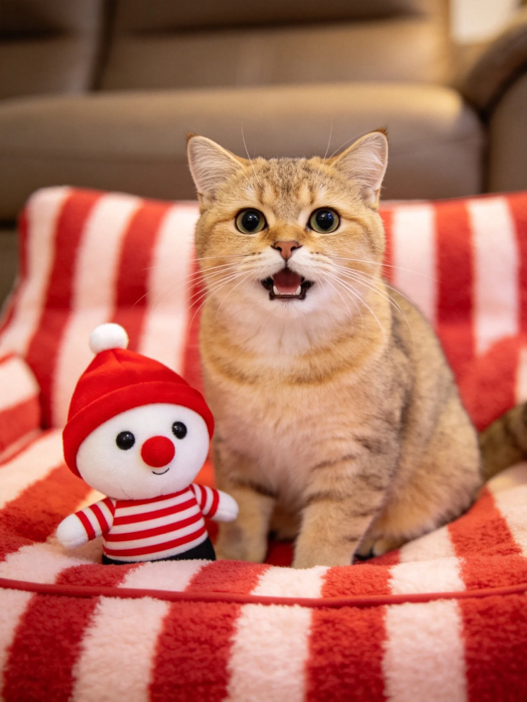 Golden cat sits next to red-hatted snowman on cozy red-and-white striped blanket