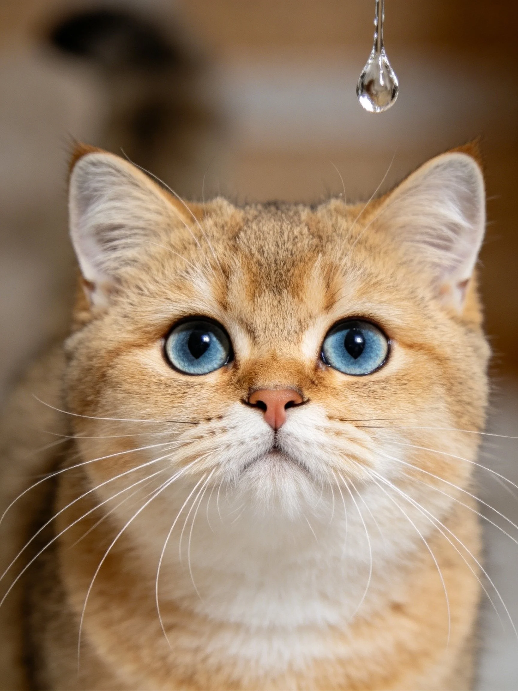 Golden cat with blue eyes gazes at a suspended water droplet