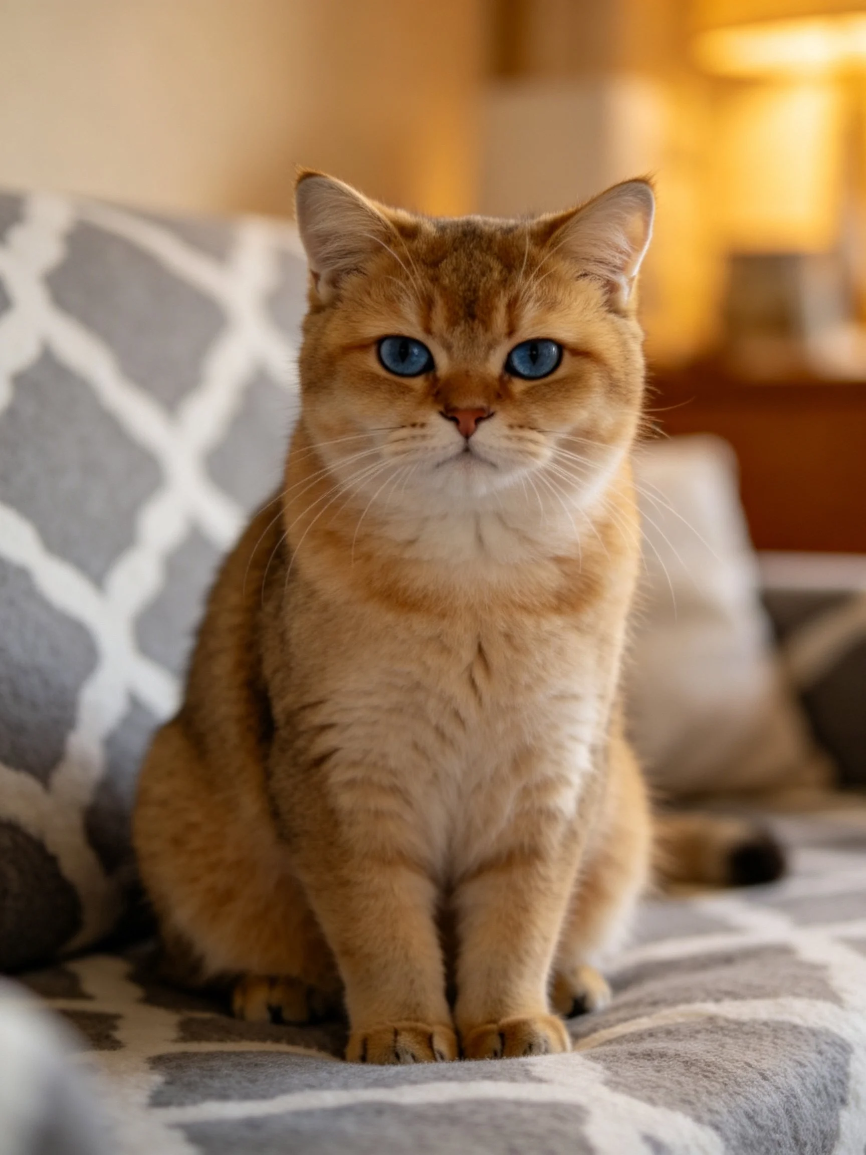 Golden cat with blue eyes sitting on patterned couch