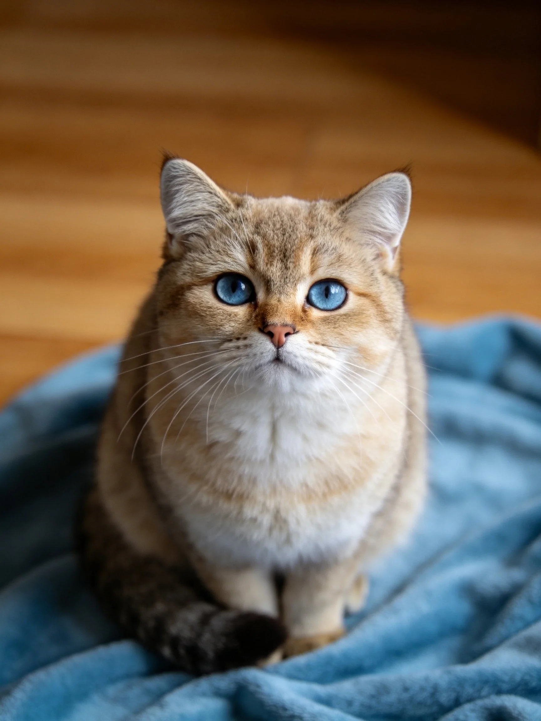 A golden cat with blue eyes sits on a blue blanket near wood flooring
