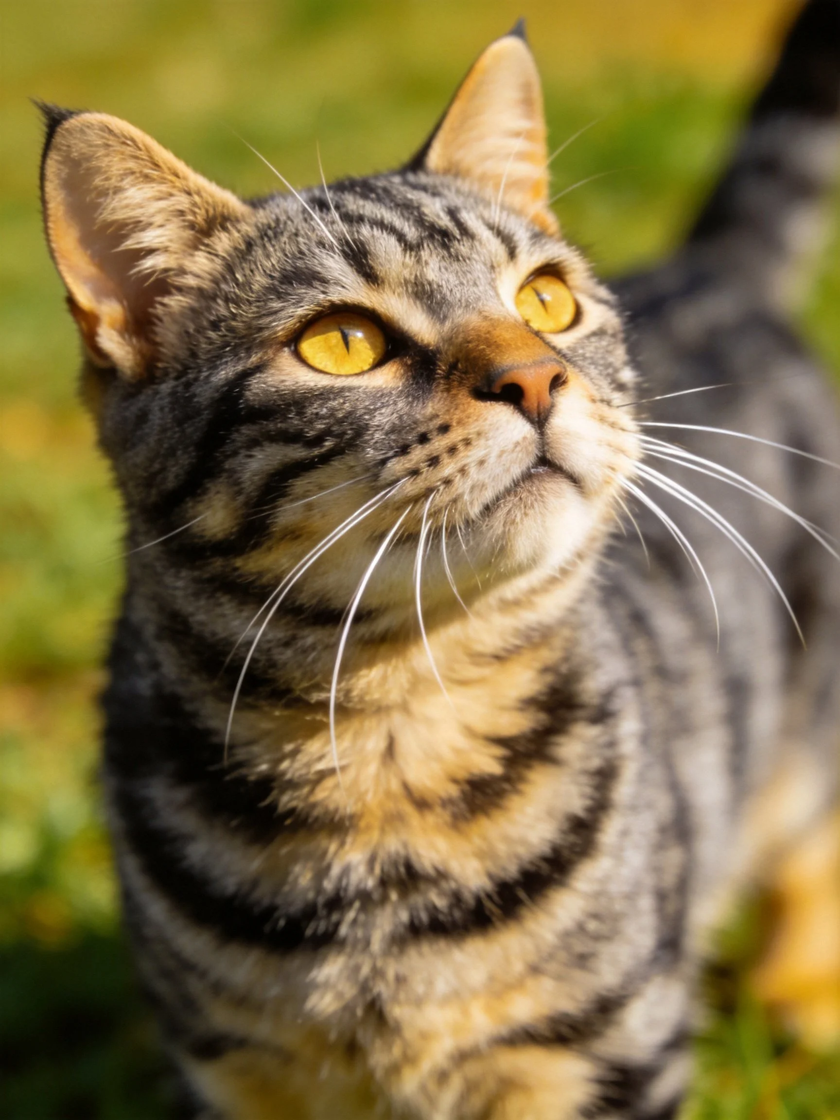 Golden-eyed tabby cat looks upward in a sunlit outdoor setting